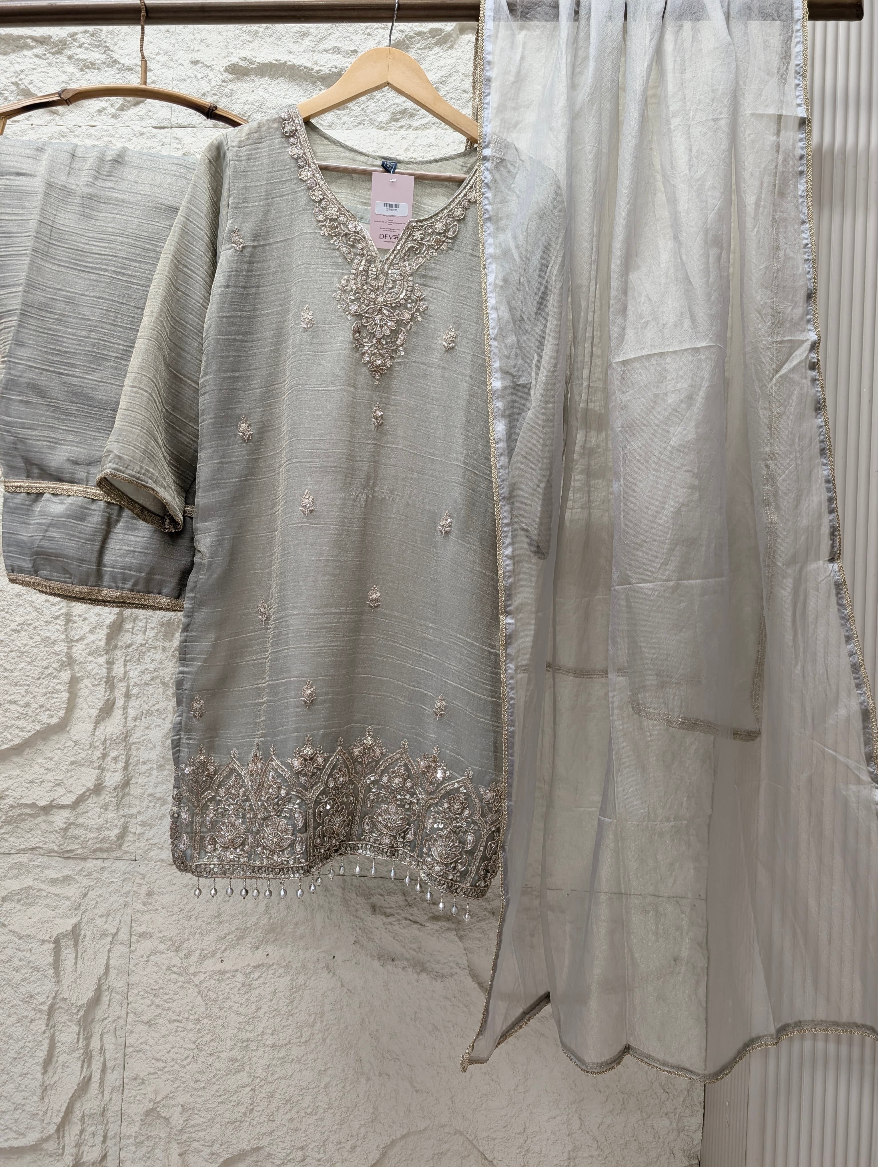Zarmina Tissue silk blend Embroidered Silver 3-Piece Set (Devri – D.No 13749)