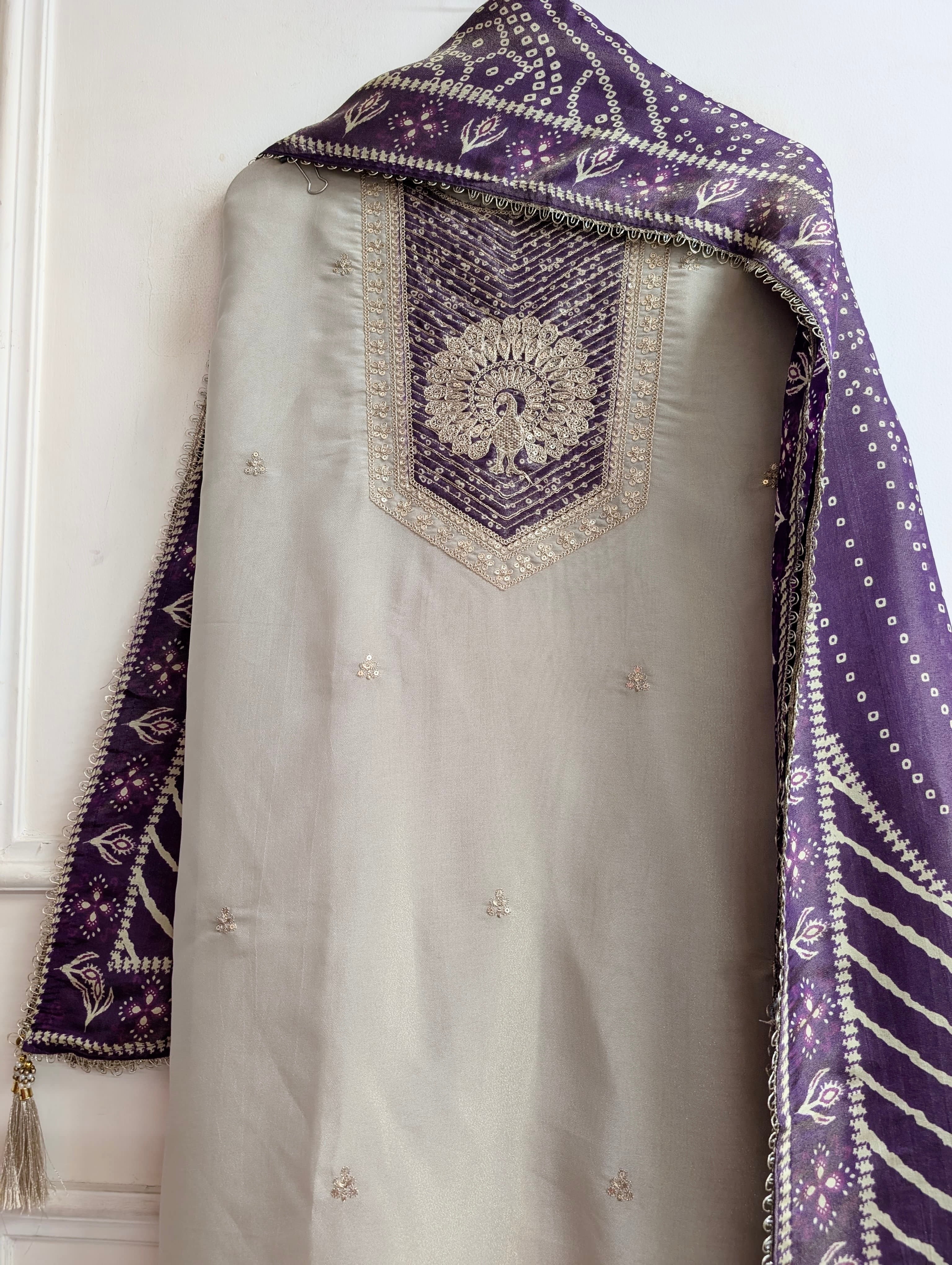 Beige Tissue Silk Embroidered Unstitched 3-Piece Suit (Devri – D.No 13737)