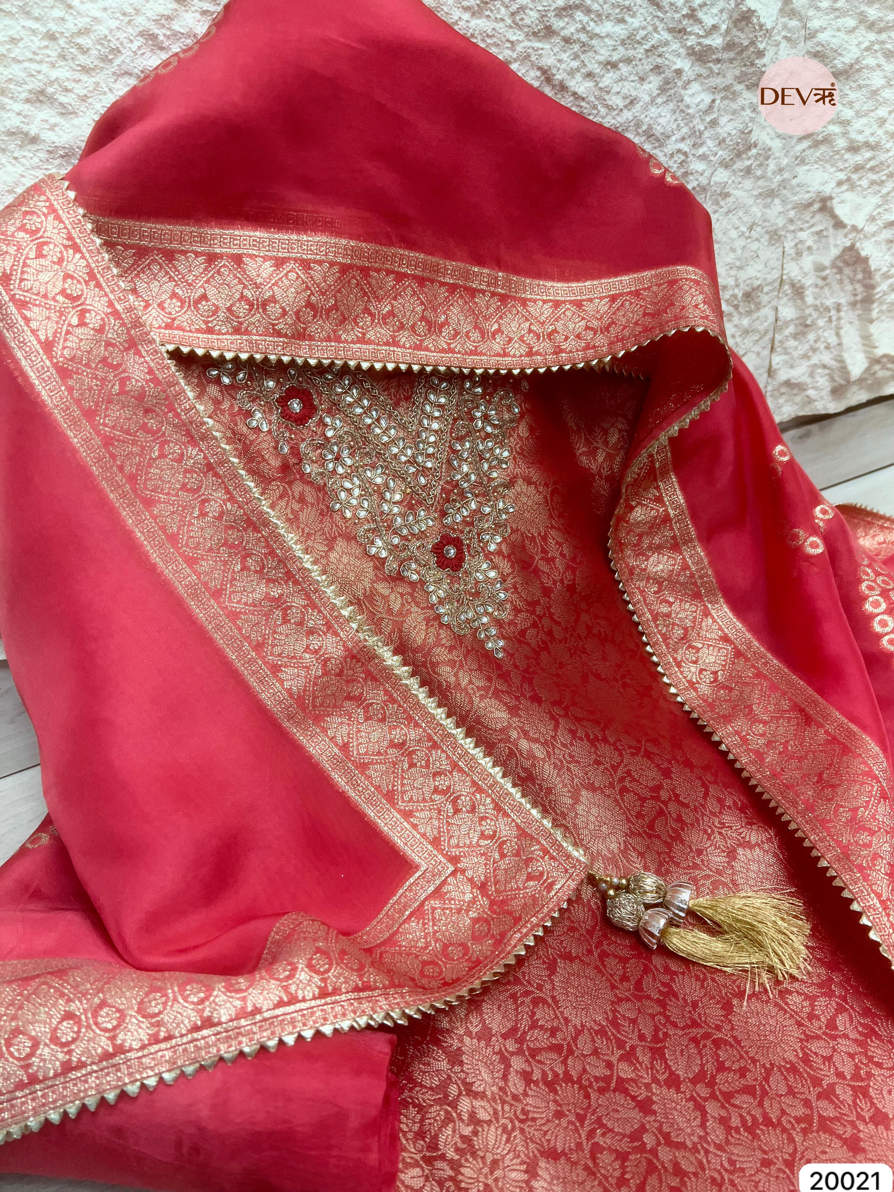 Coral Pink Tissue Jacquard Embroidered Unstitched 3-Piece Suit (Devri – D.No 20021)