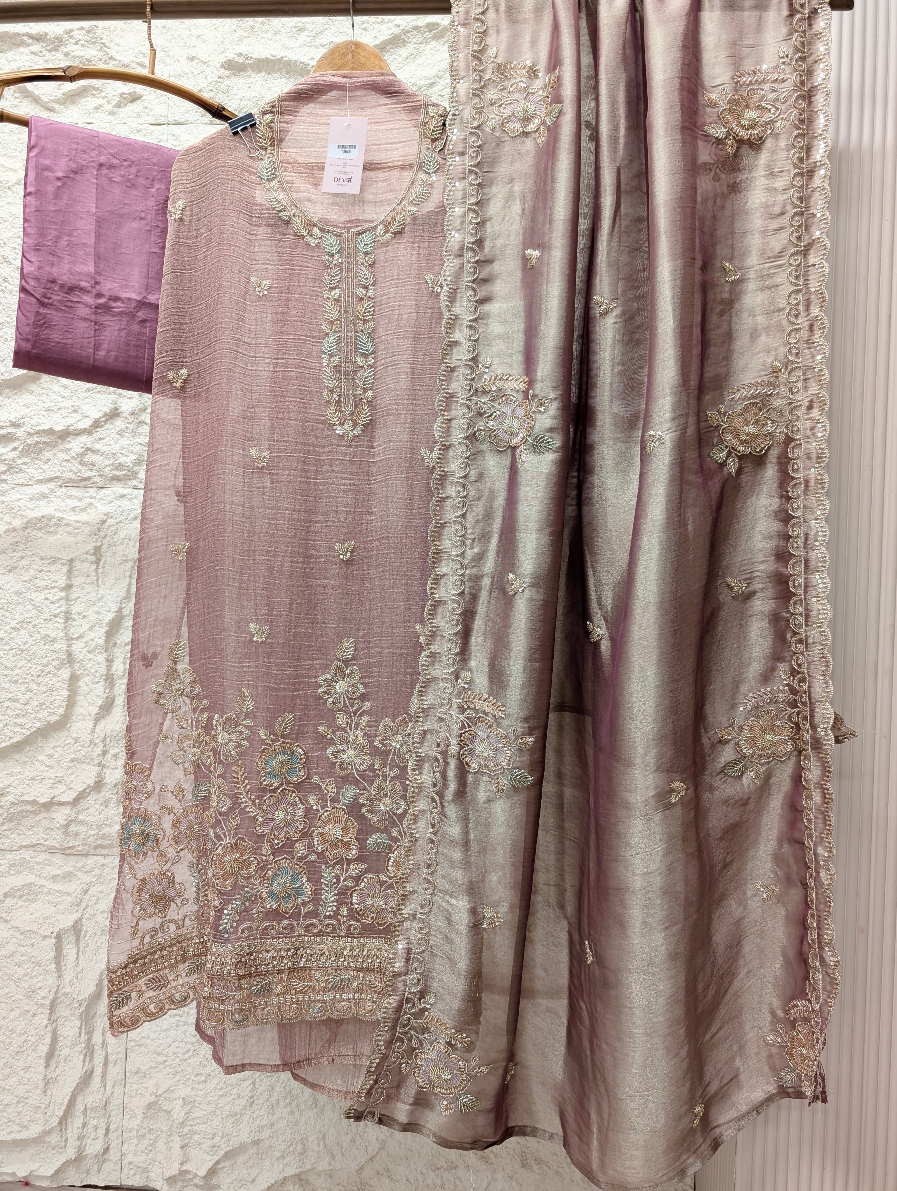 Mauve Tissue Crush Silk Embroidered Unstitched 3-Piece Suit (Devri – D.No 13646)