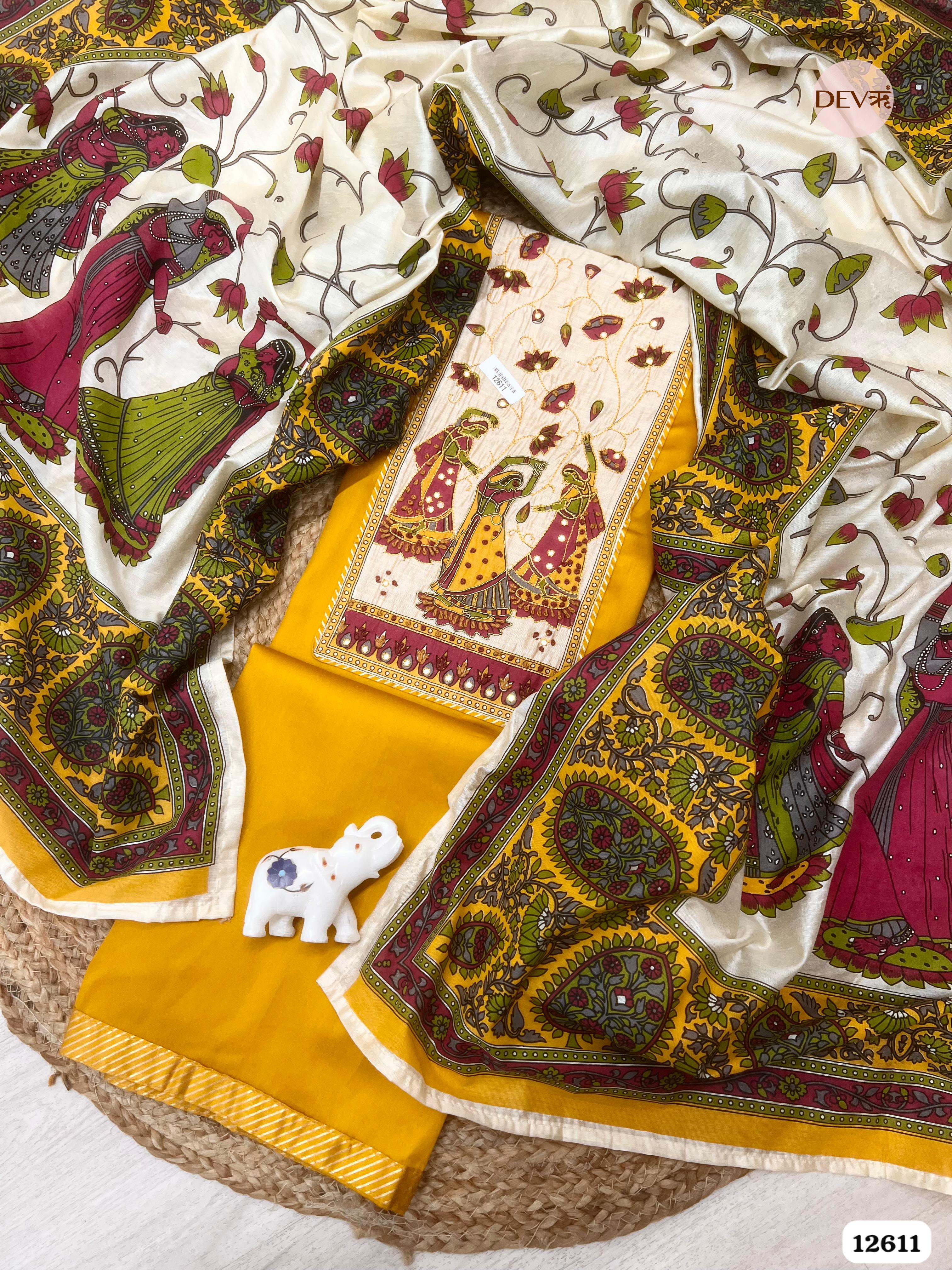 Yellow Glace Cotton Hand Painted Unstitched 3-Piece Suit (Devri – D.No 12611)