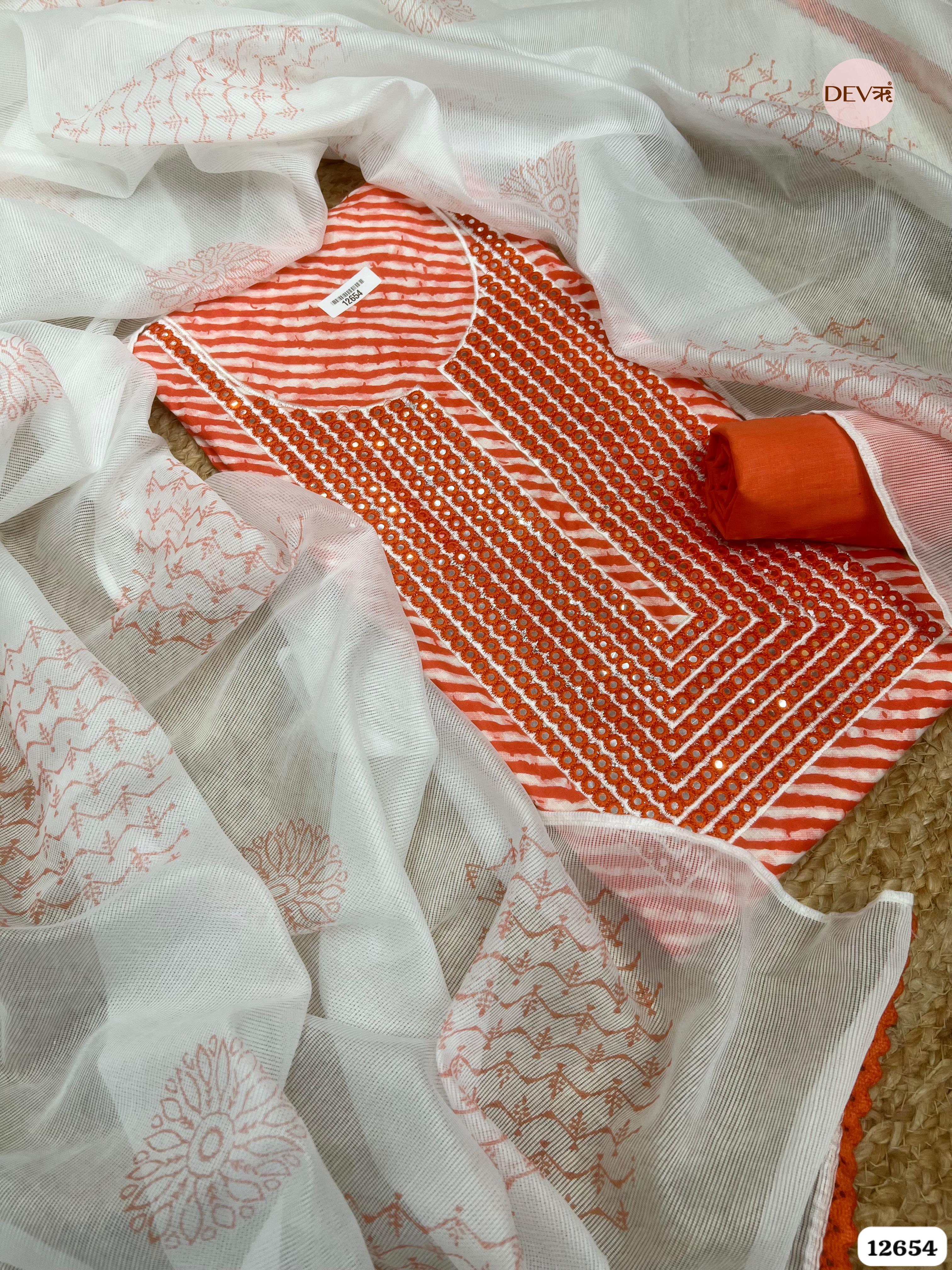 Orange Cotton Leheriya Printed & Embroidered