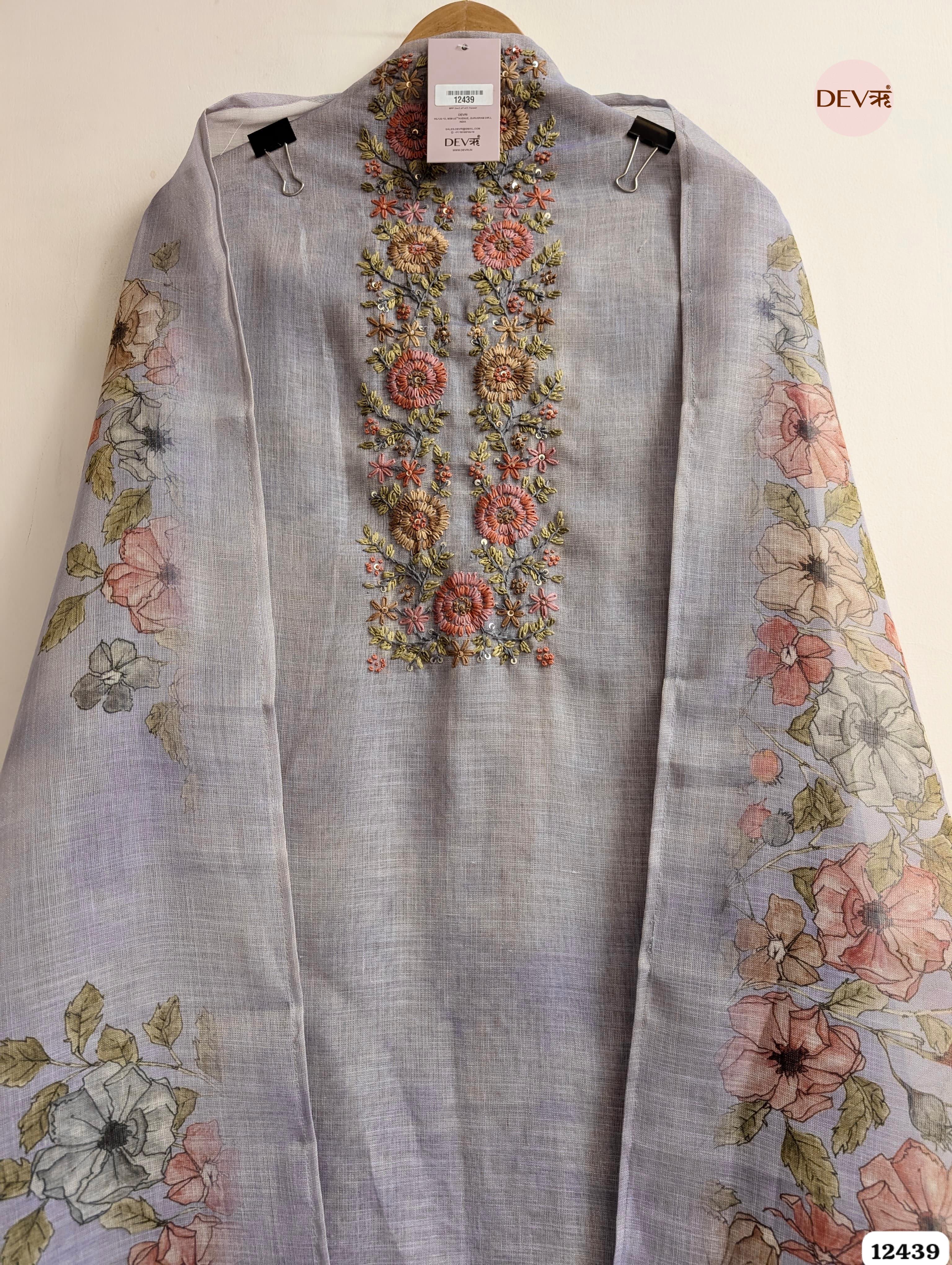 Lavender Linen Embroidered Unstitched 3-Piece Suit (Devri – D.No.12439)