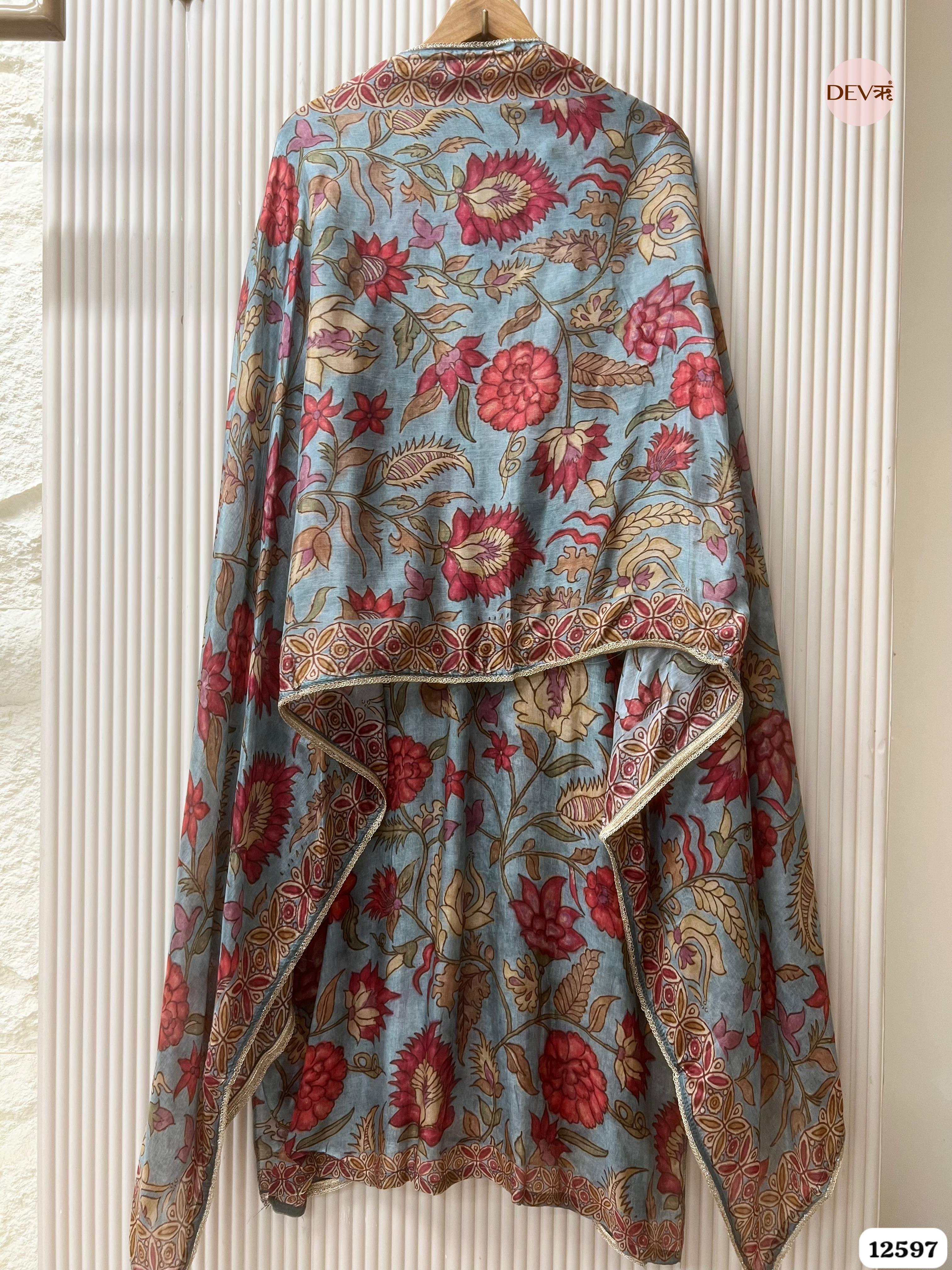 Teal Blue Muslin Floral Printed Unstitched 3-Piece Suit (Devri – D.No 12597)