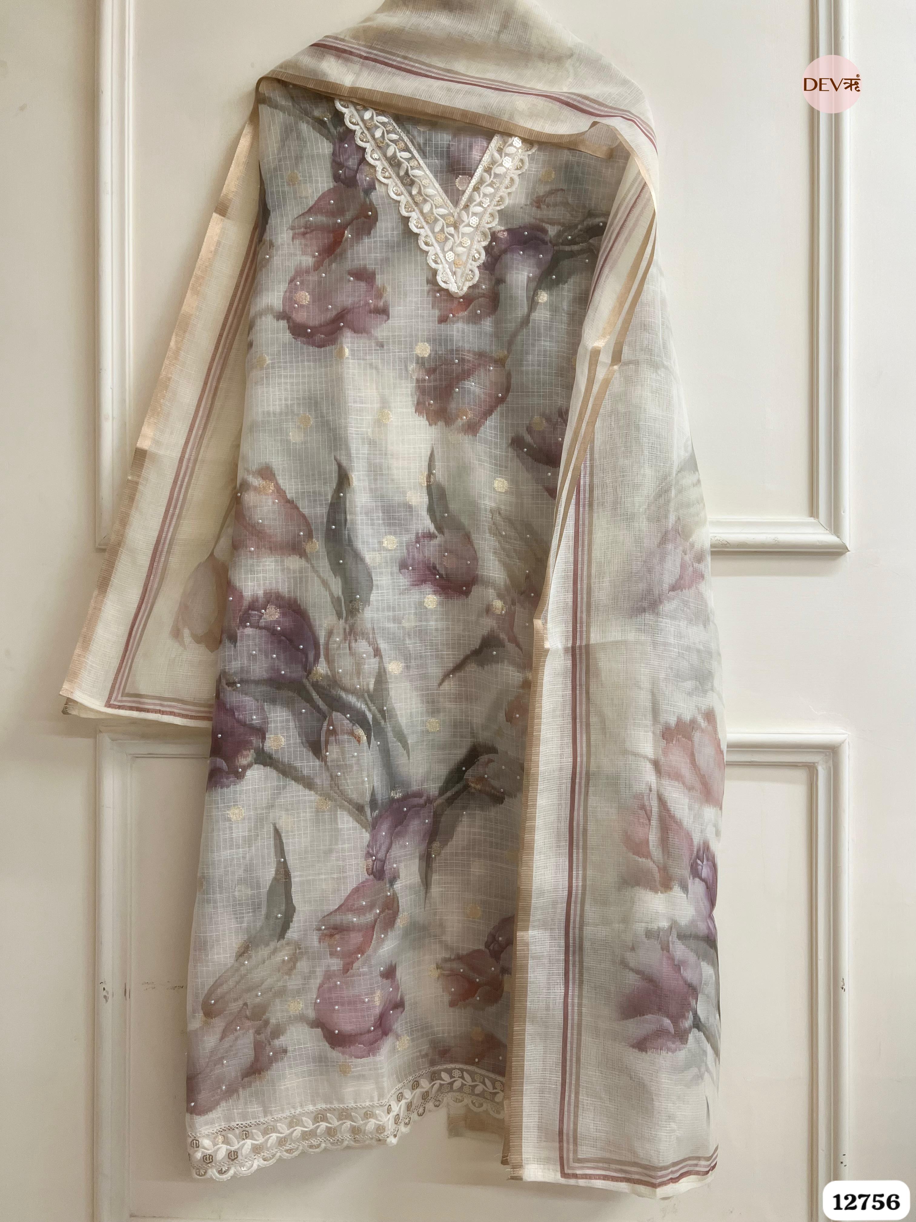 Ivory Kota Doria Floral Unstitched 3-Piece Suit (Devri – D.No 12756)