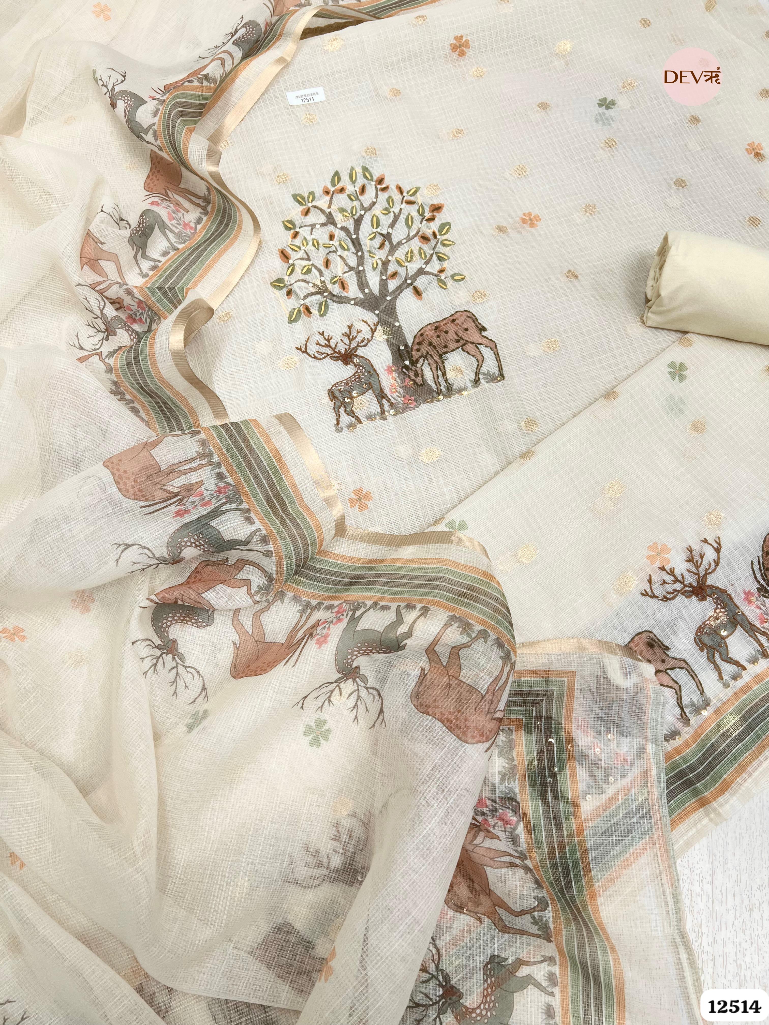 Cream Kota Silk Embroidered Unstitched 3-Piece Suit (Devri – D.No 12514)