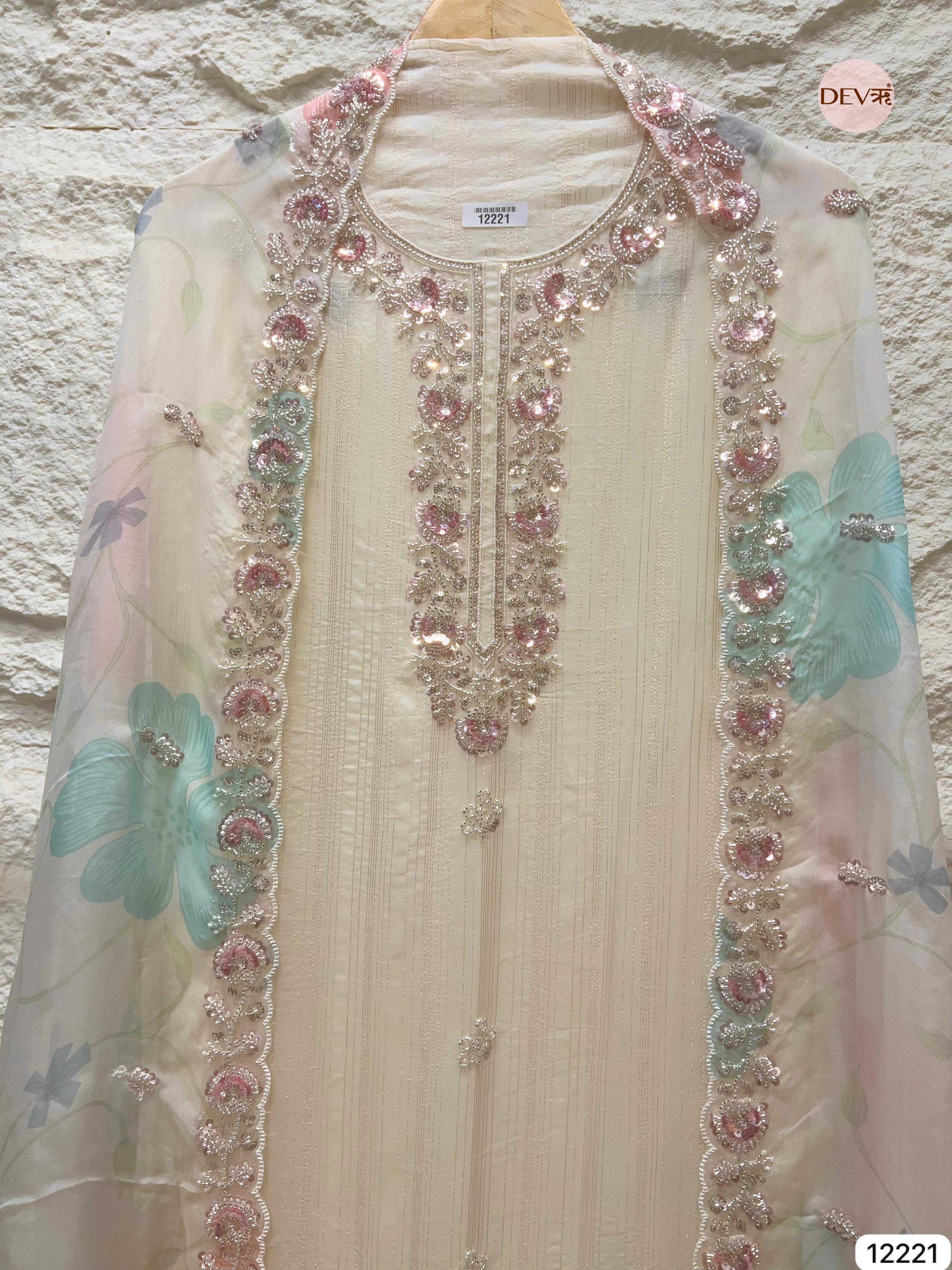 Ivory Pure Organza Hand-Embroidered Unstitched 3-Piece Suit (Devri – D.No 12221)