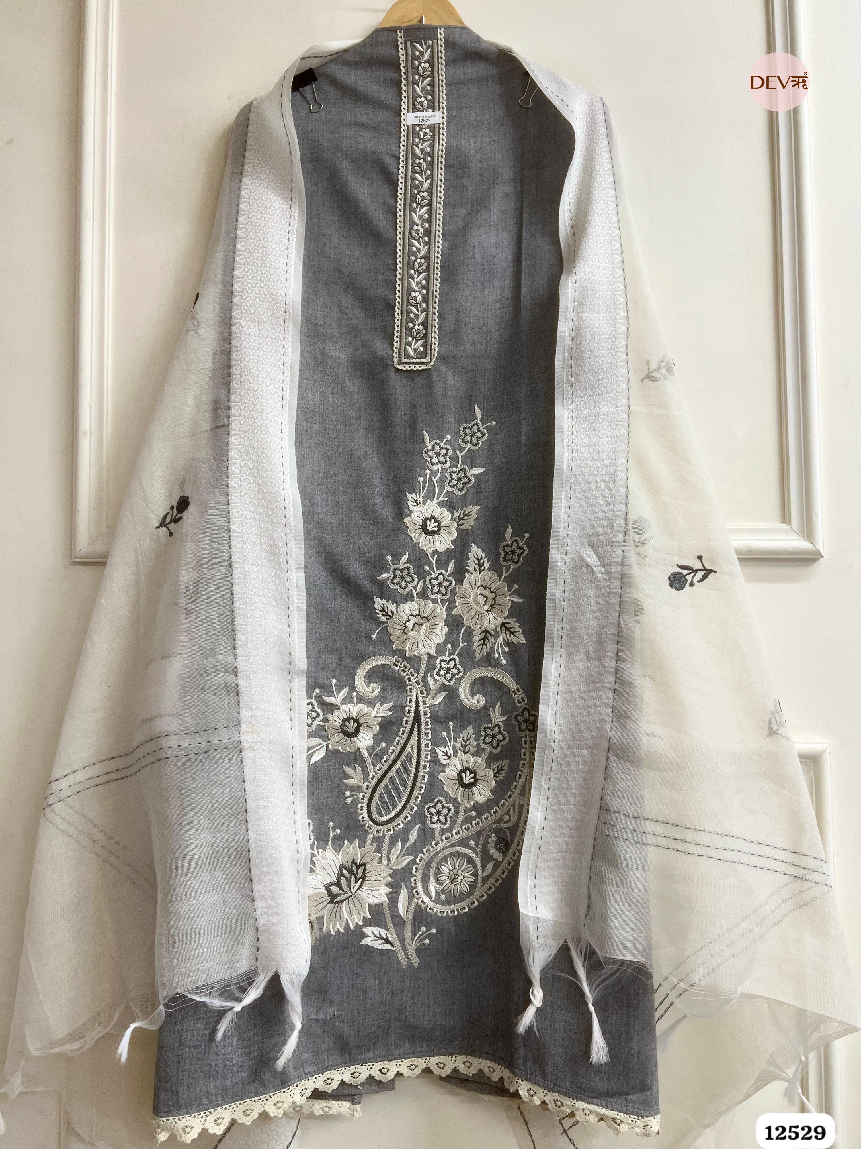 Slate Grey Handloom Cotton Embroidered Unstitched 3-Piece Suit (Devri – D.No. 12529)