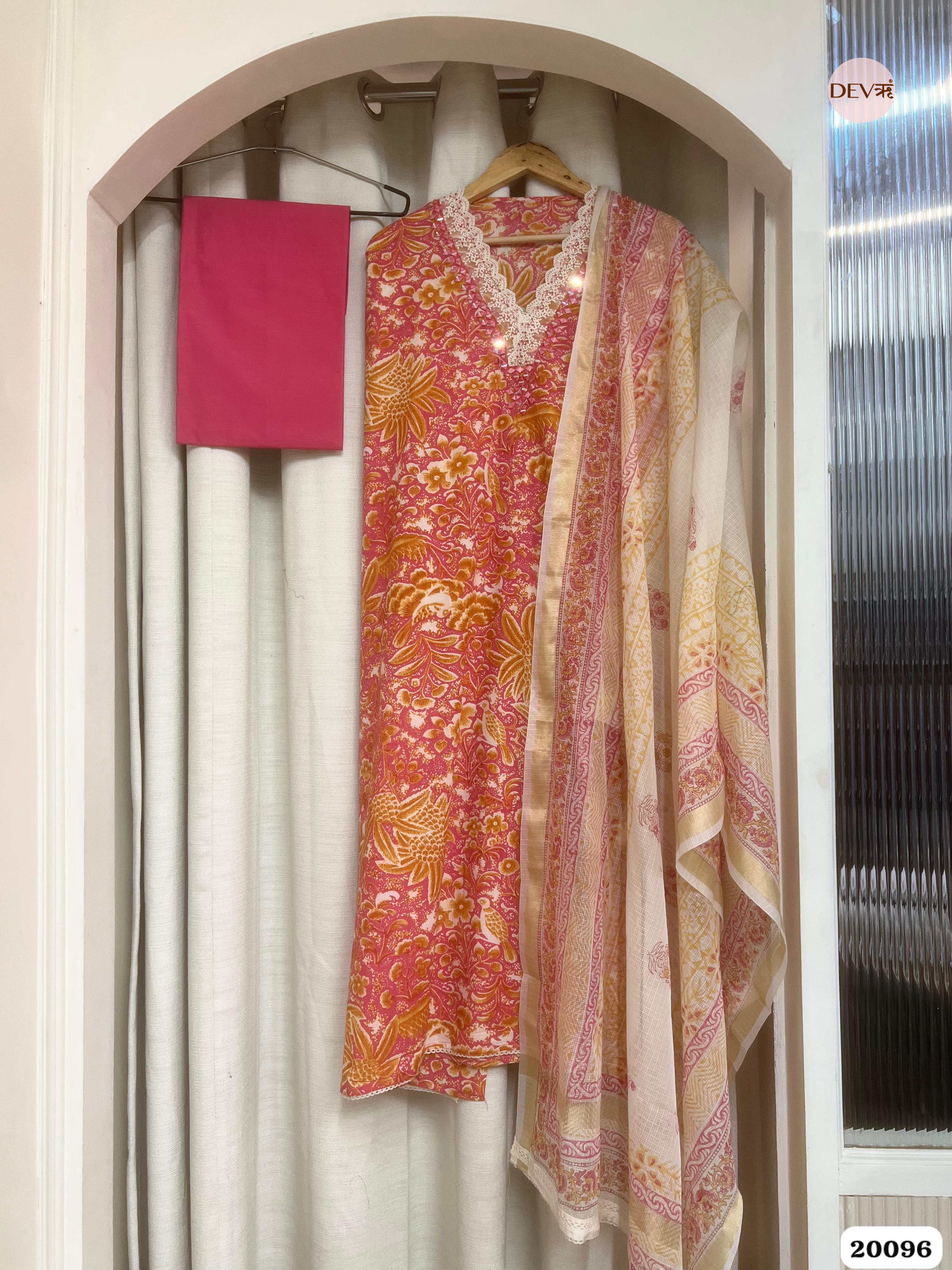 Pink Cotton Floral Printed Unstitched 3-Piece Suit (Devri – D.No 20096)