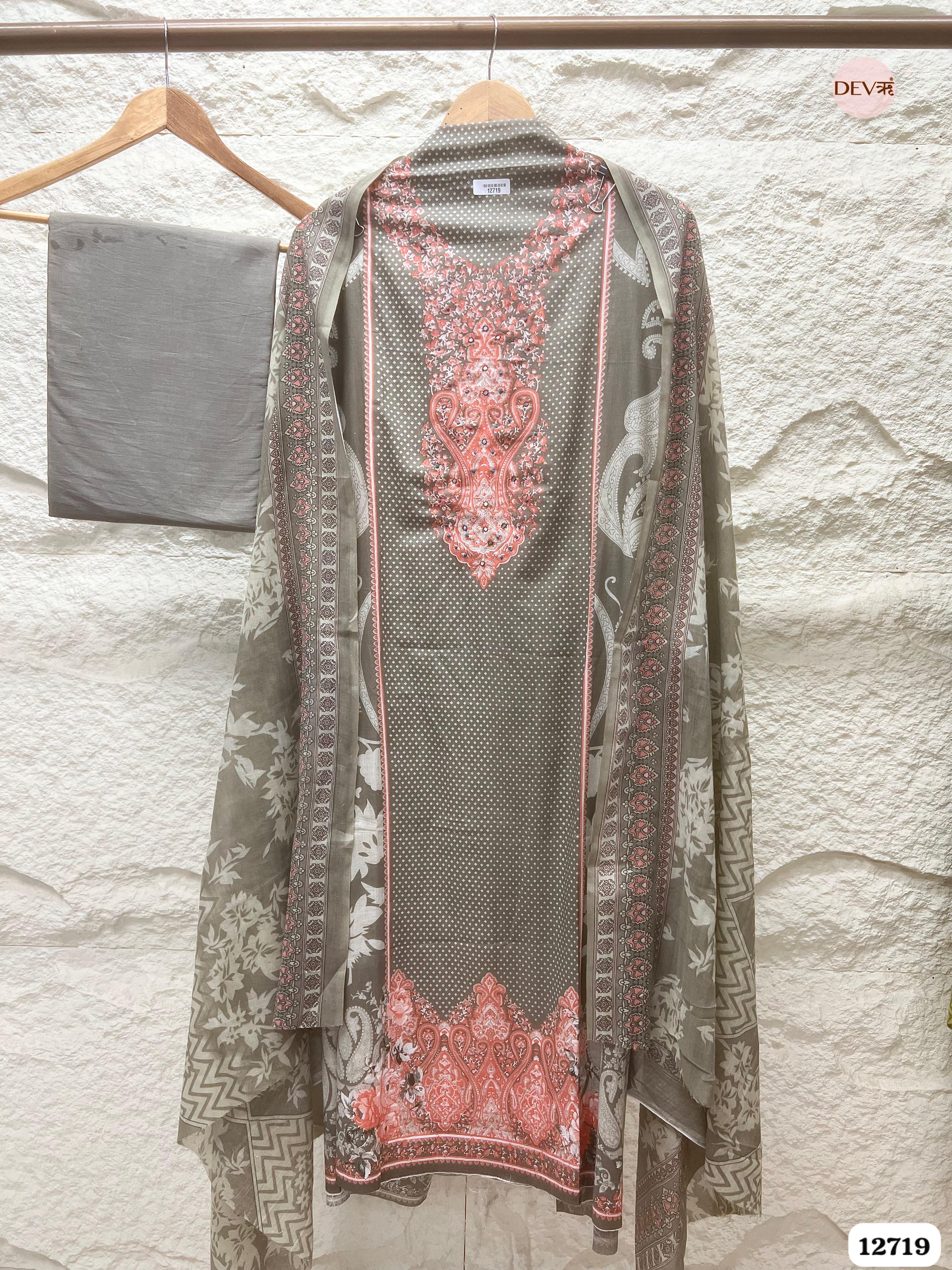 Grey Cotton Printed Unstitched 3-Piece Suit (Devri – D.No 12719)