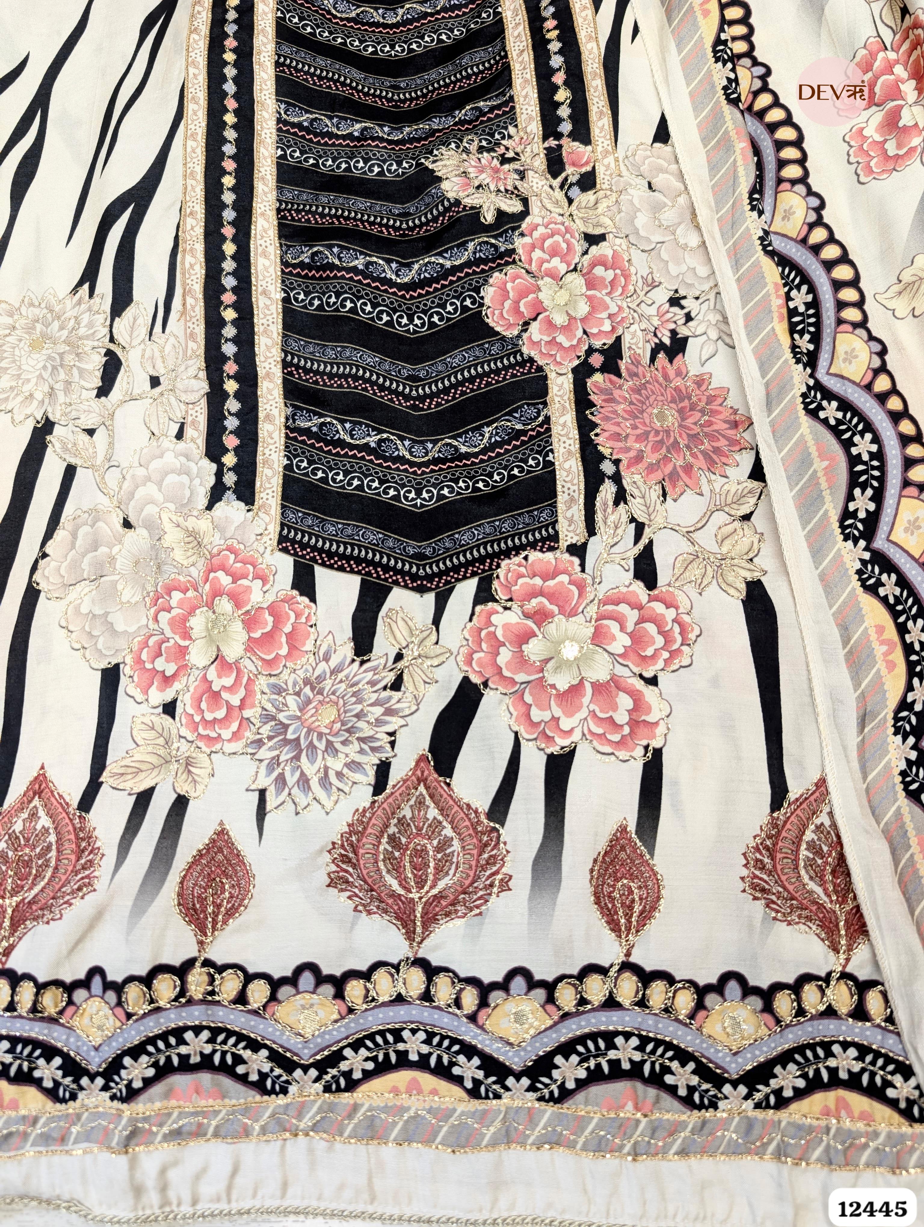 Ivory & Black Muslin Printed Unstitched 3-Piece Suit (Devri – D.No 12445)
