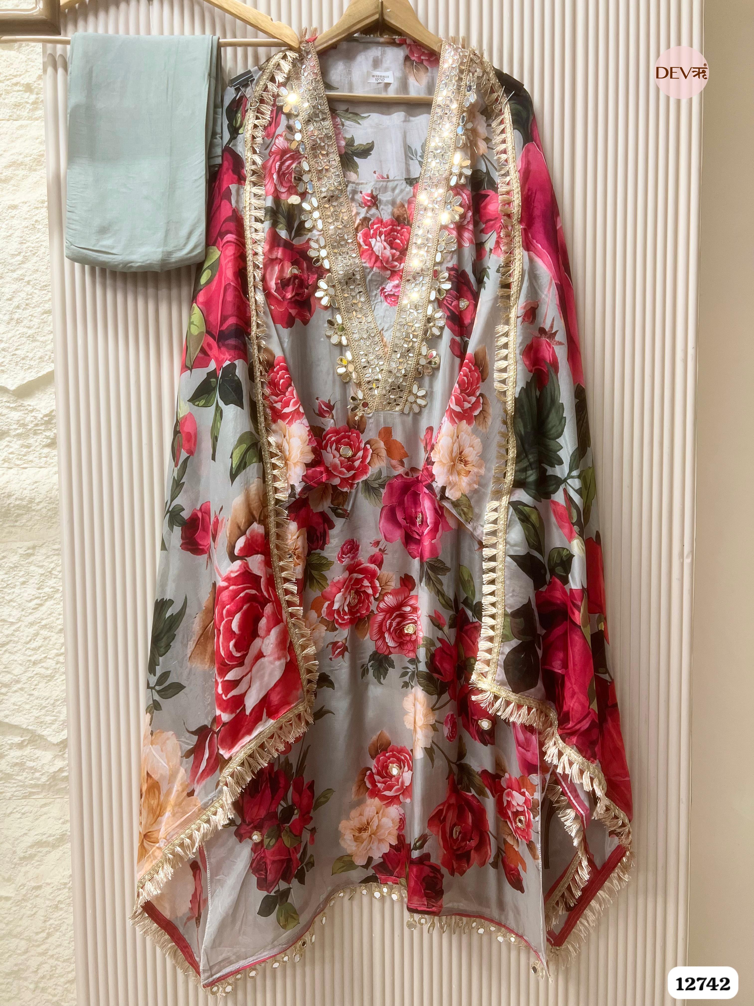 Grey Glass Organza Floral Printed Unstitched 3-Piece Suit (Devri – D.No 12742)