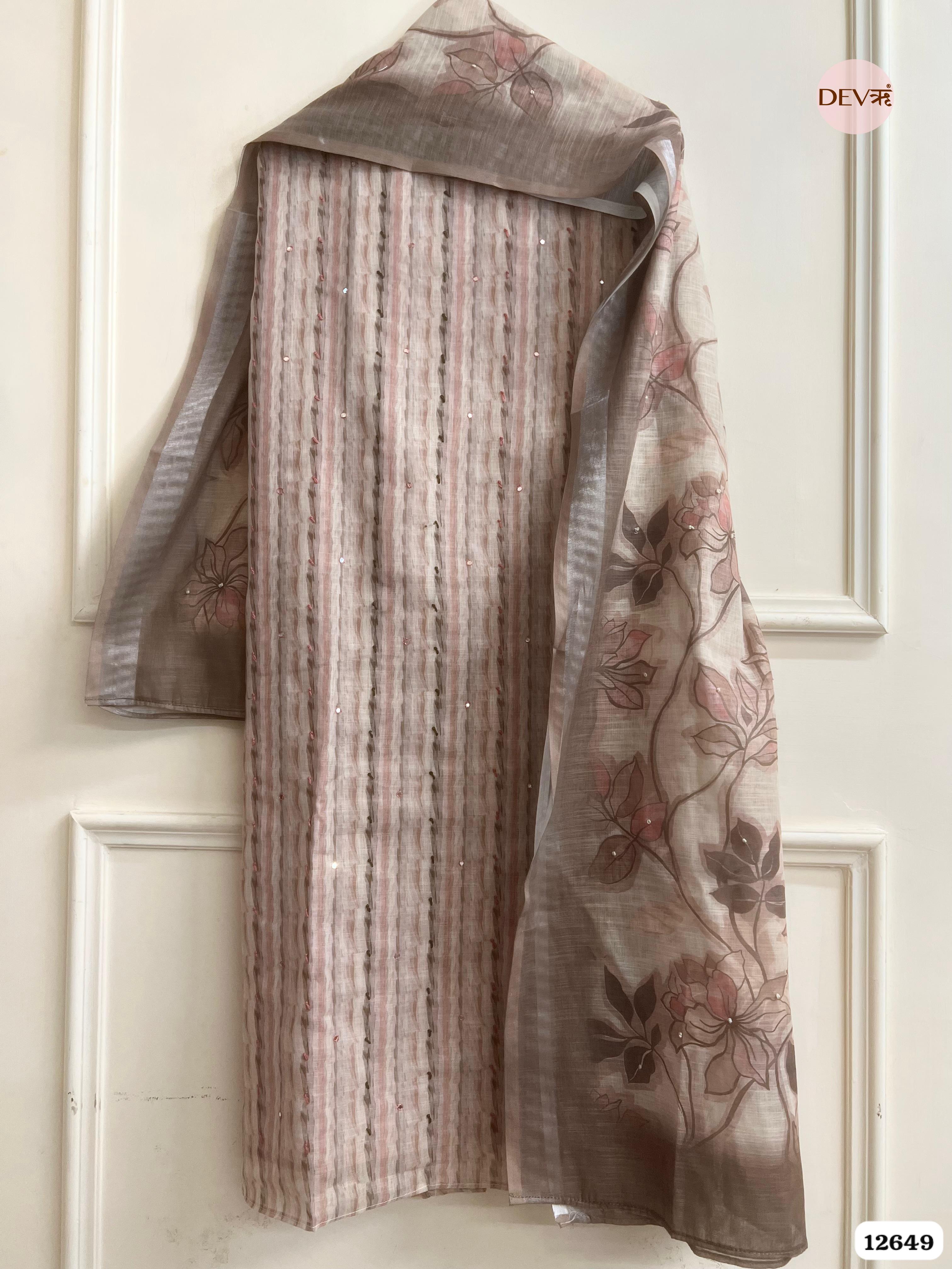 Mauve Linen Cotton Printed Unstitched 3-Piece Suit (Devri – D.No 12649)