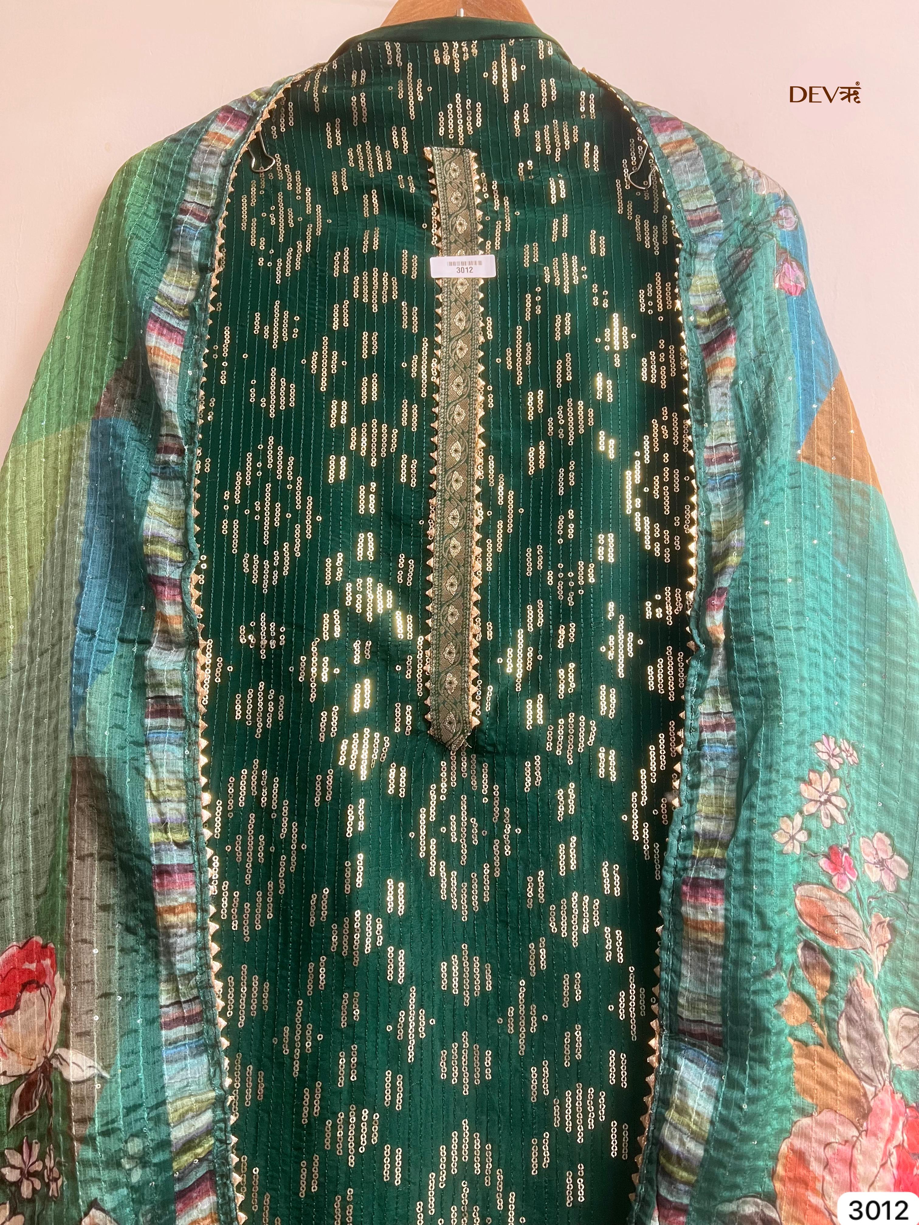 Emerald Green Upada Silk Embroidered Unstitched 3-Piece Suit (Devri – D.No 3012)