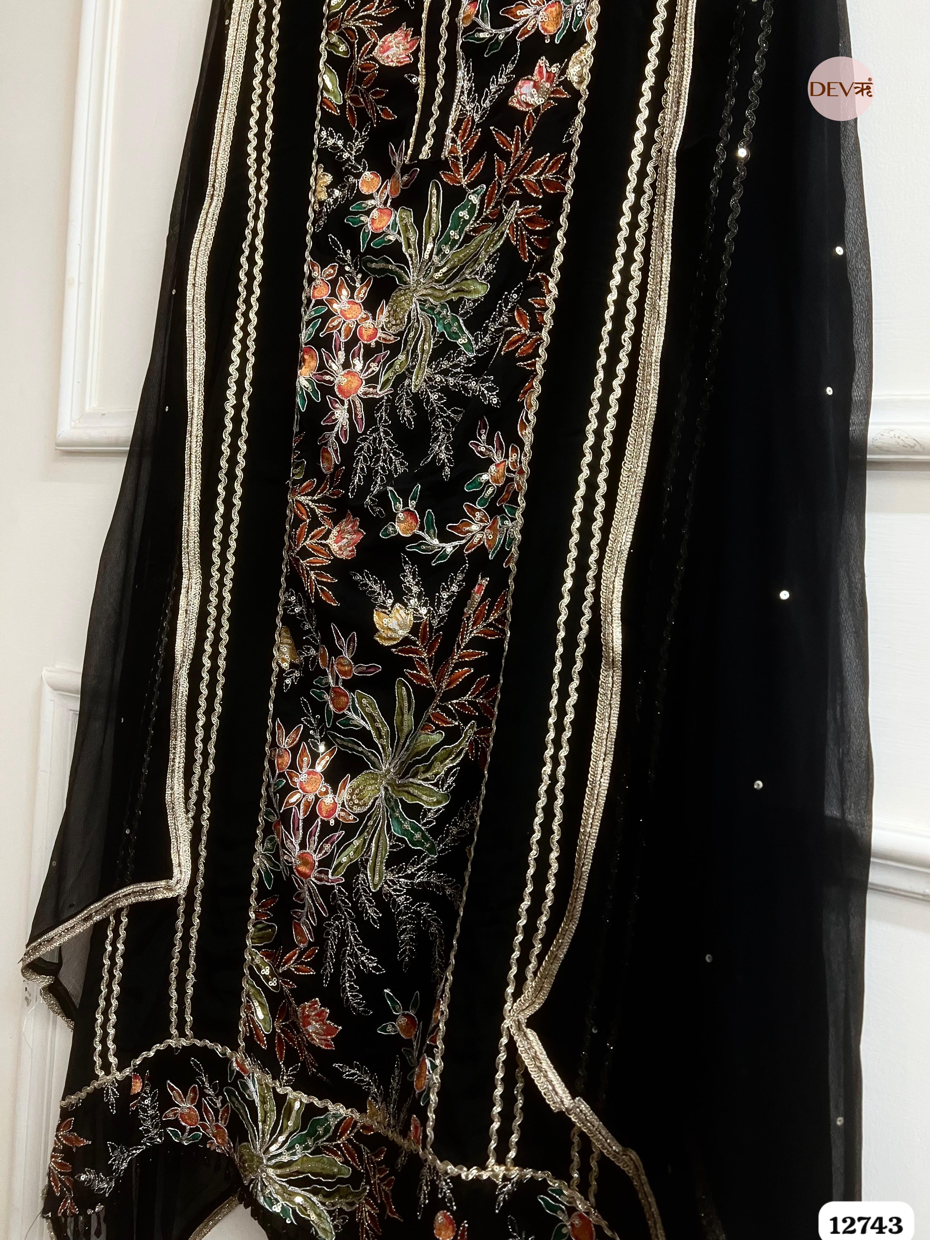 Black Chinon Embroidered Unstitched 3-Piece Suit (Devri – D.No 12743)