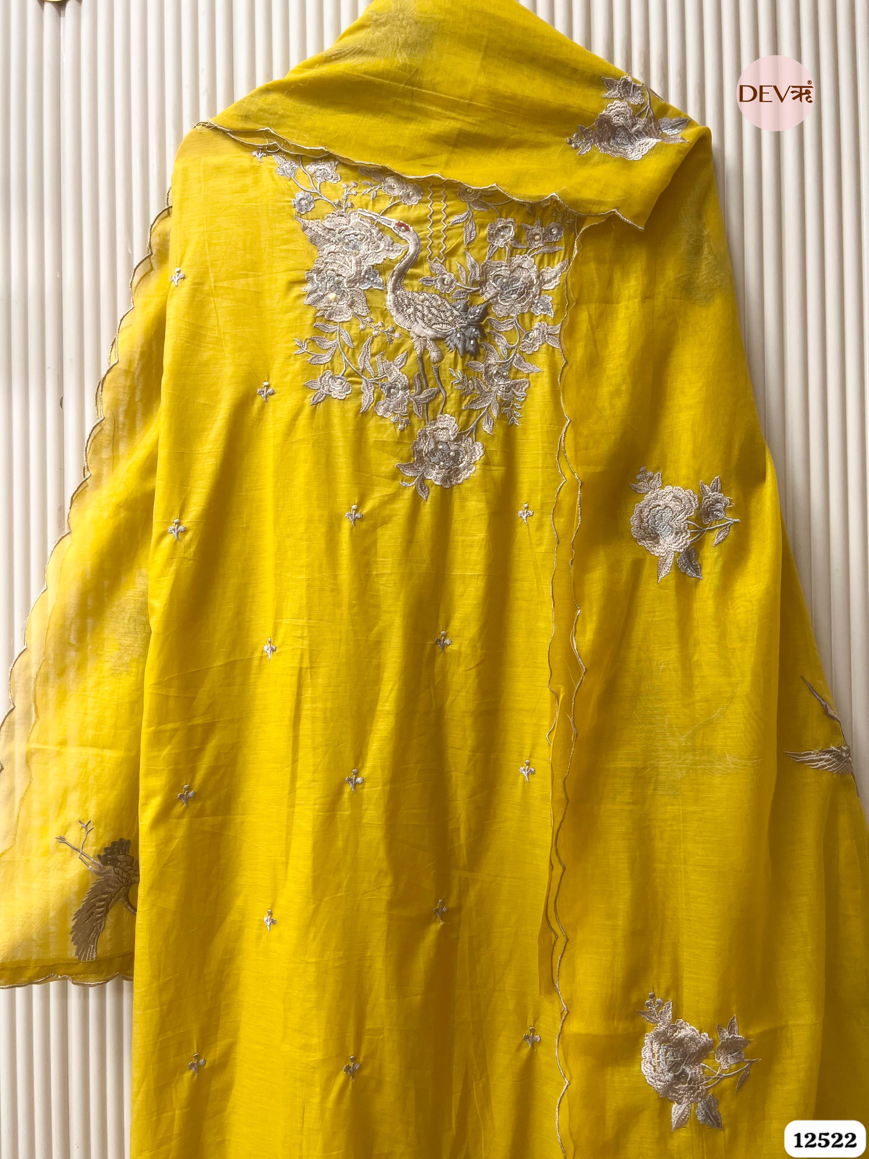 Yellow Pure Mul Chanderi Embroidered Unstitched 3-Piece Suit (Devri – D.No 12522)