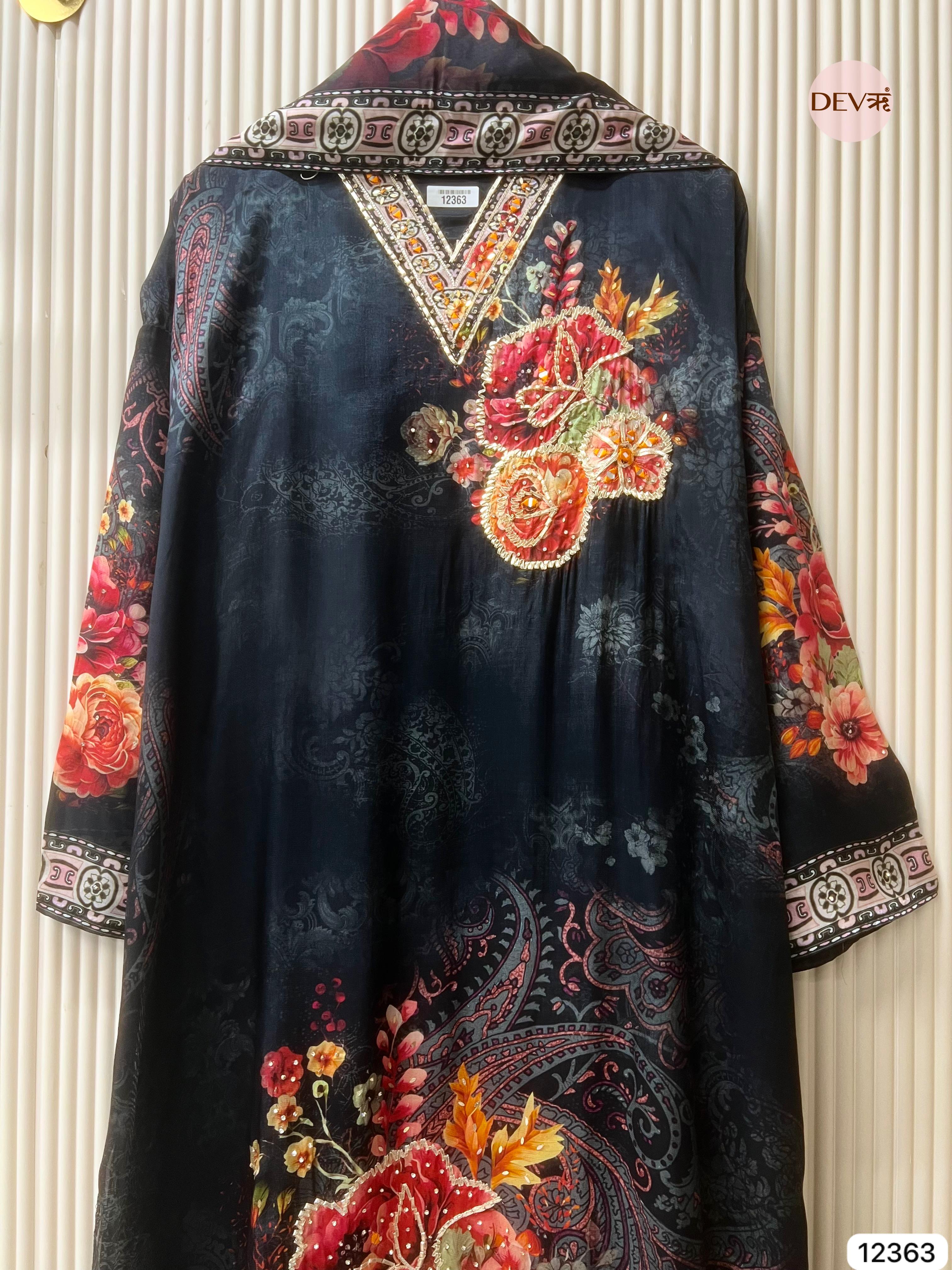 Midnight Blue Organza Silk Printed Unstitched 3-Piece Suit (Devri – D.No 12363)