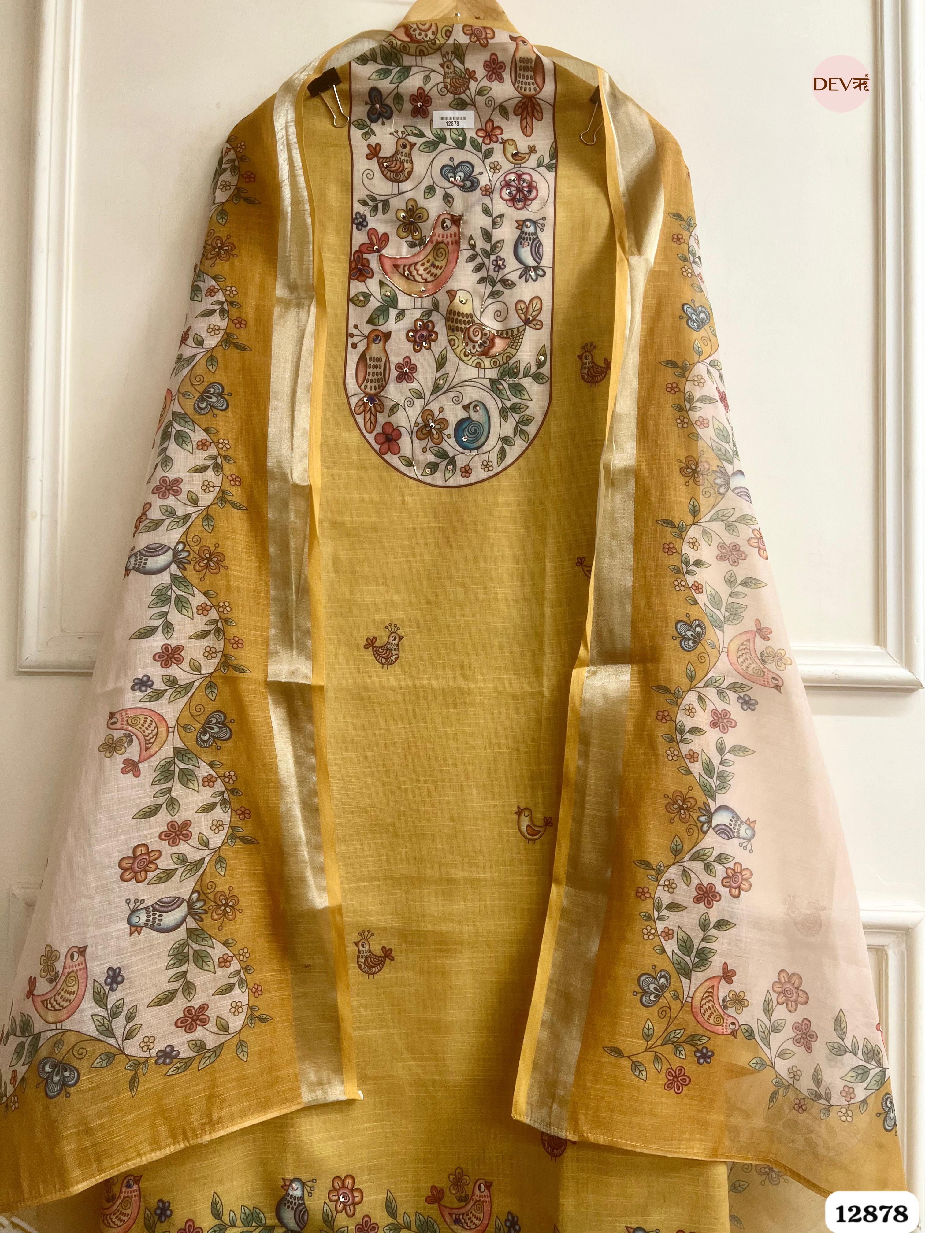 Mustard Yellow Linen Cotton Printed Unstitched 3-Piece Suit (Devri – D.No 12878)