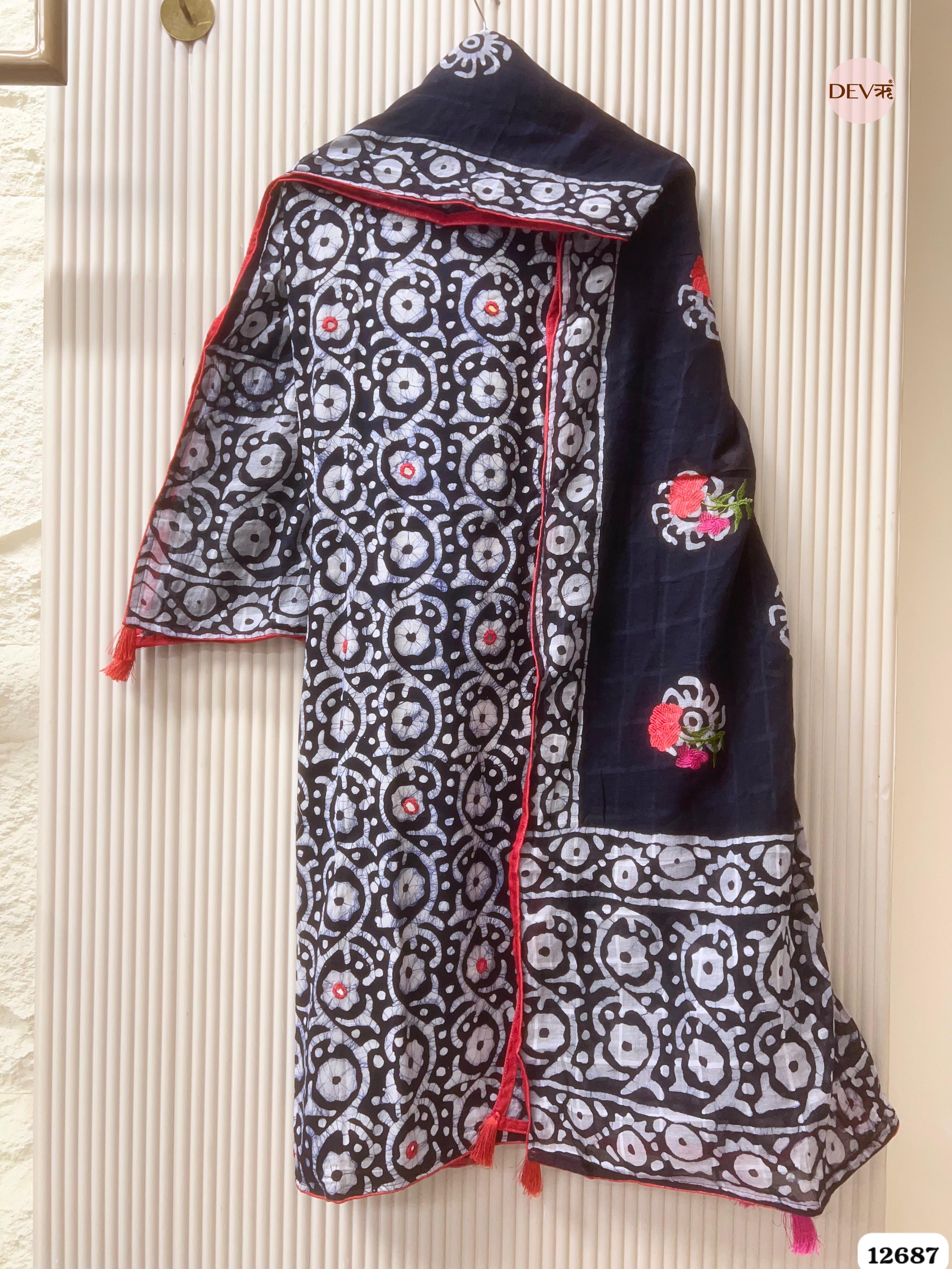 Navy Blue Cotton Batik Printed Unstitched 3-Piece Suit (Devri – D.No 12687)