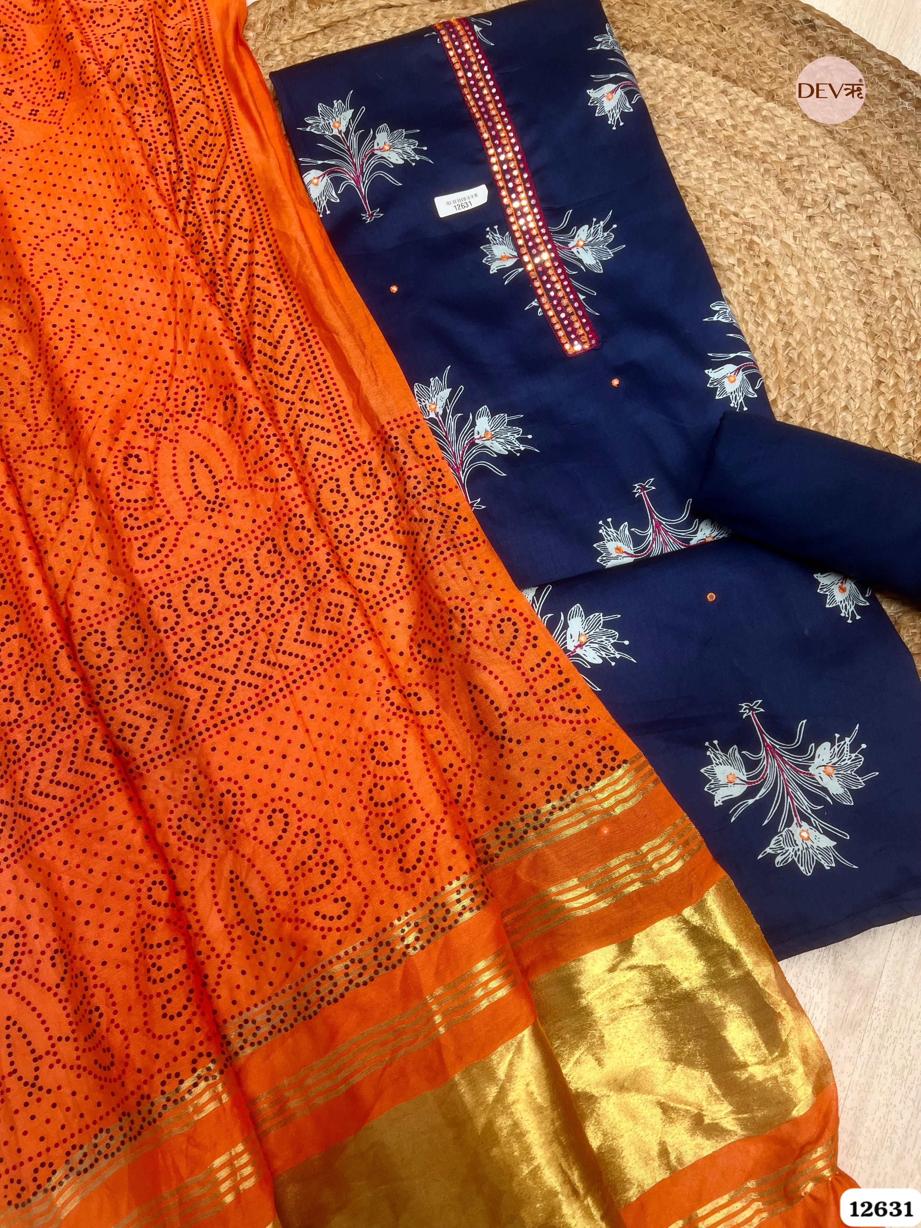 Navy Blue & Orange Cotton Silk Unstitched 3-Piece Suit (Devri – D.No 12631)