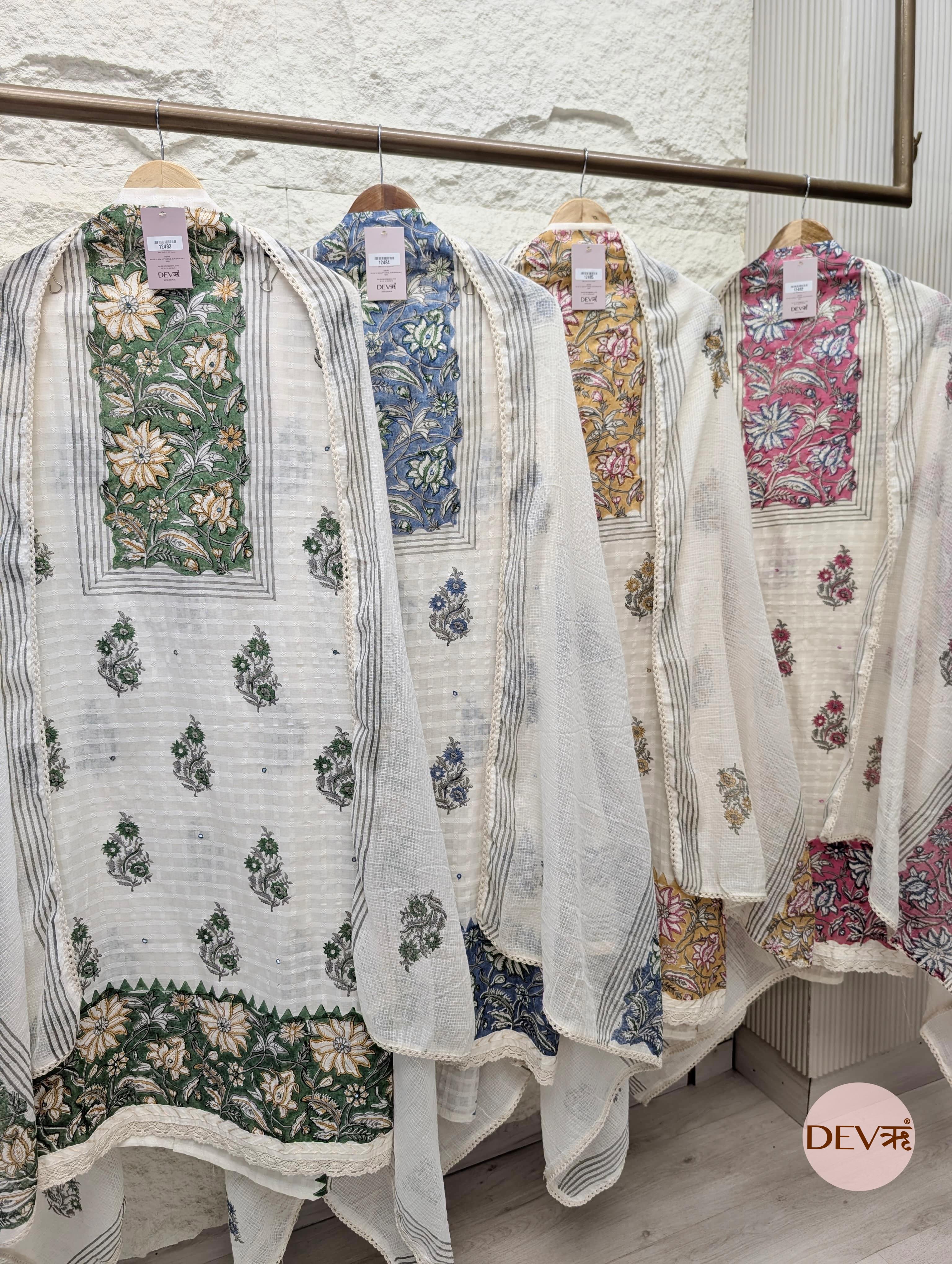 white & Yellow Pure Cotton Printed Unstitched 3-Piece Suit (Devri – D.No 12485)