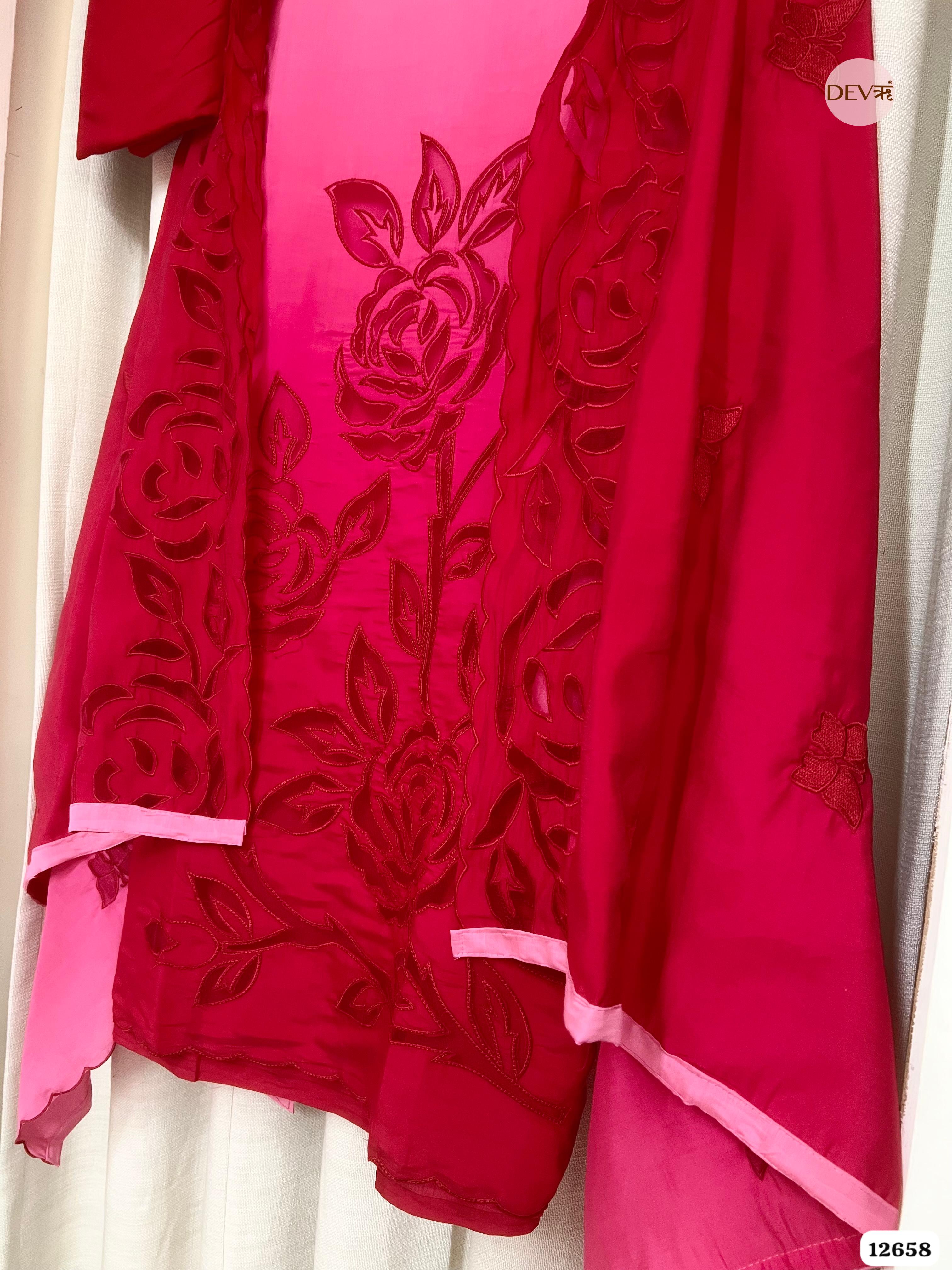 Ombre Pink Mul Chanderi Embroidered Unstitched 3-Piece Suit (Devri – D.No 12658)