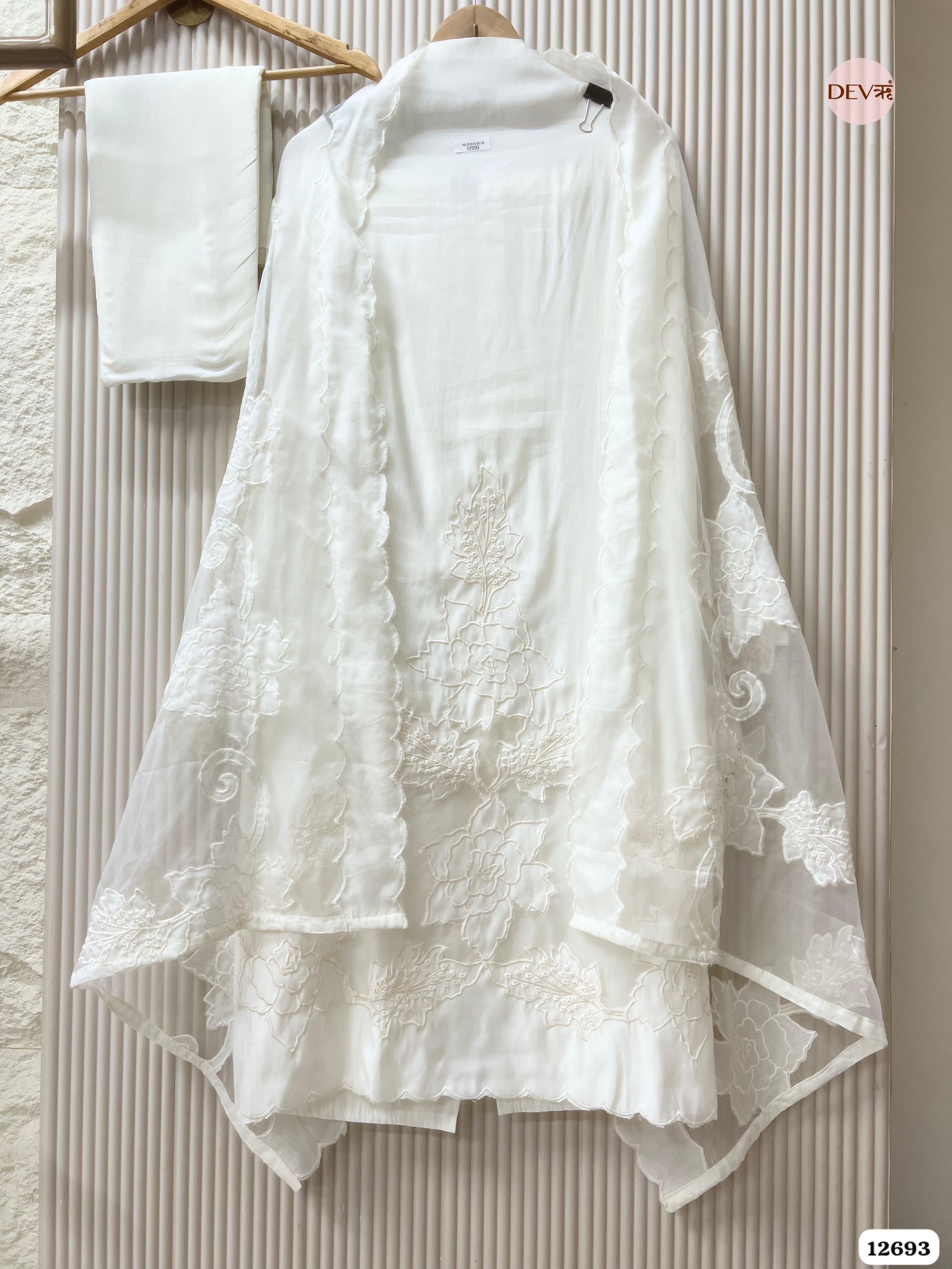 White Modal Silk Embroidered Unstitched 3-Piece Suit (Devri – D.No 12593)