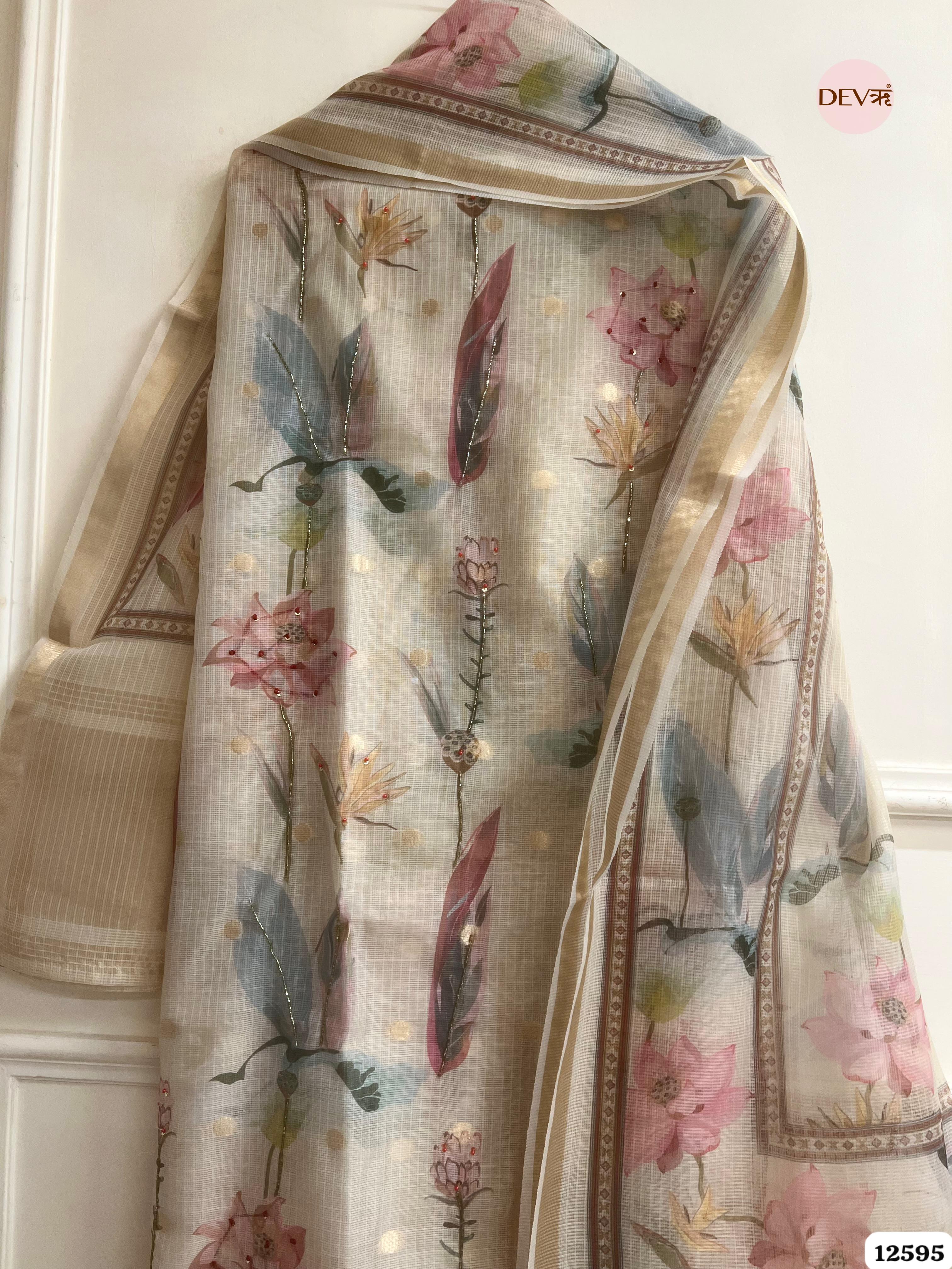 Beige kota Cotton Floral Unstitched 3-Piece Suit (Devri – D.No 12595)