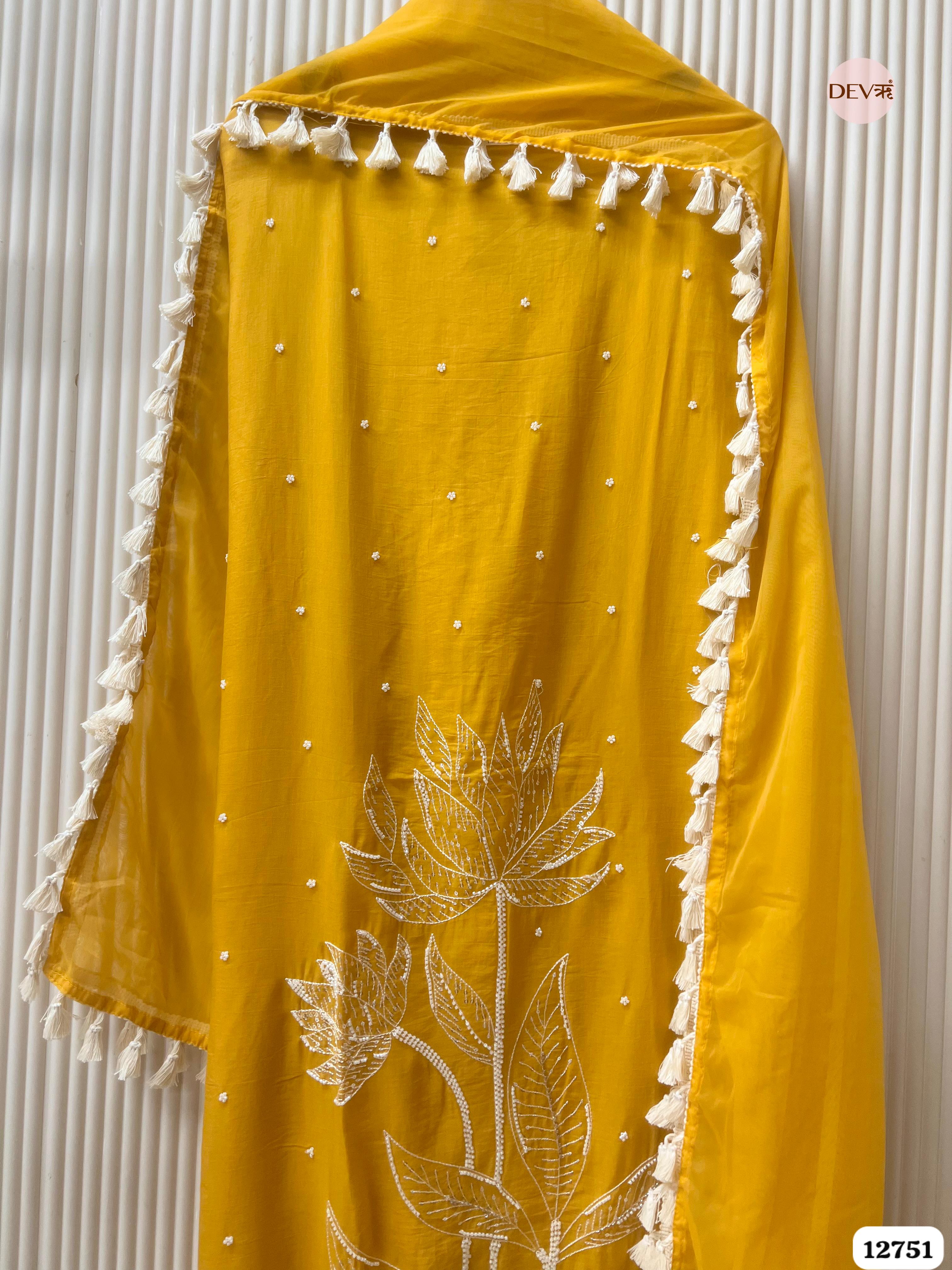 Yellow Mul Cotton Embroidered Unstitched 3-Piece Suit (Devri – D.No 12751)
