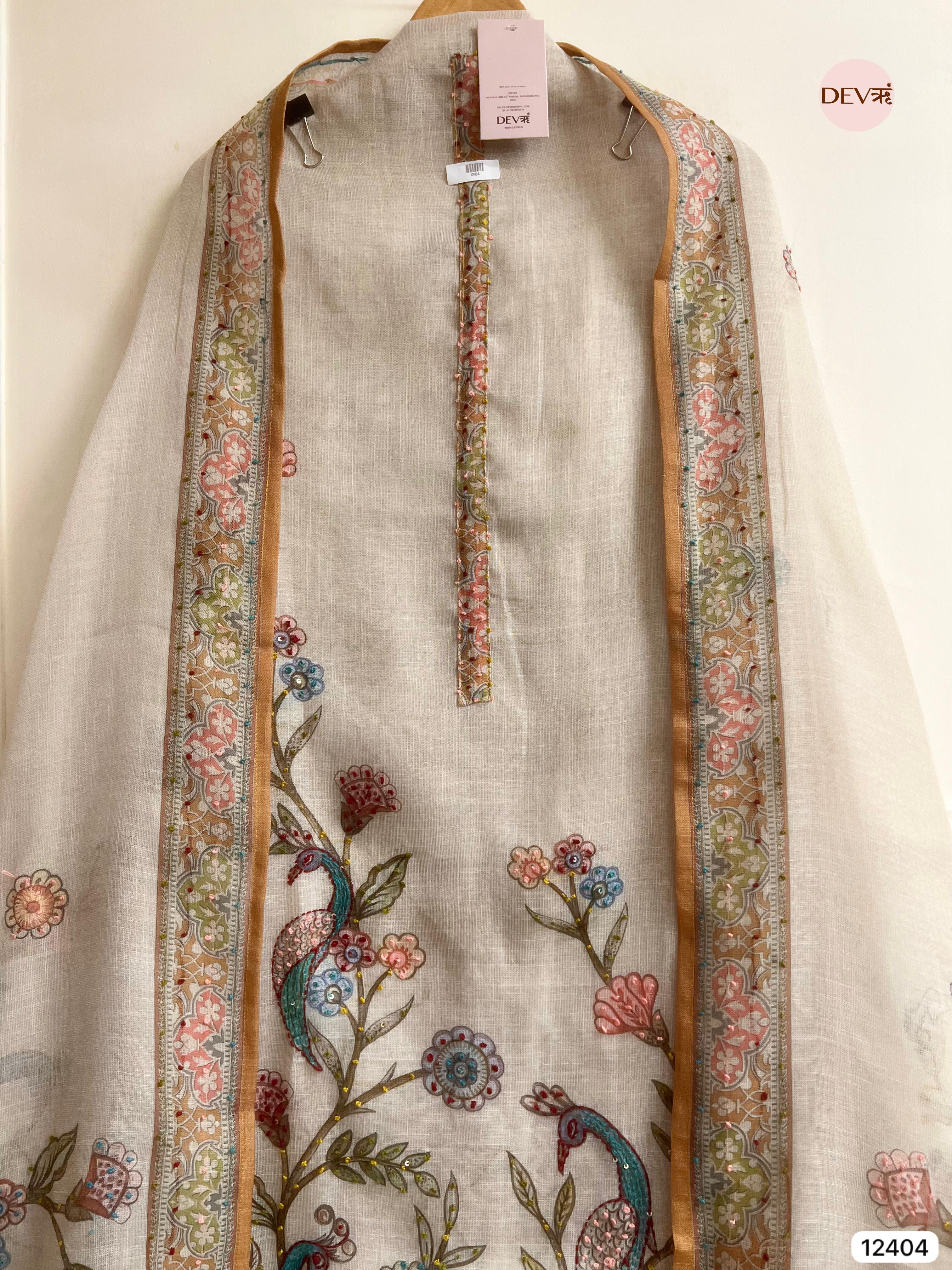 Beige Pure Linen Cotton Printed Unstitched 3-Piece Suit (Devri – D.No 12404)