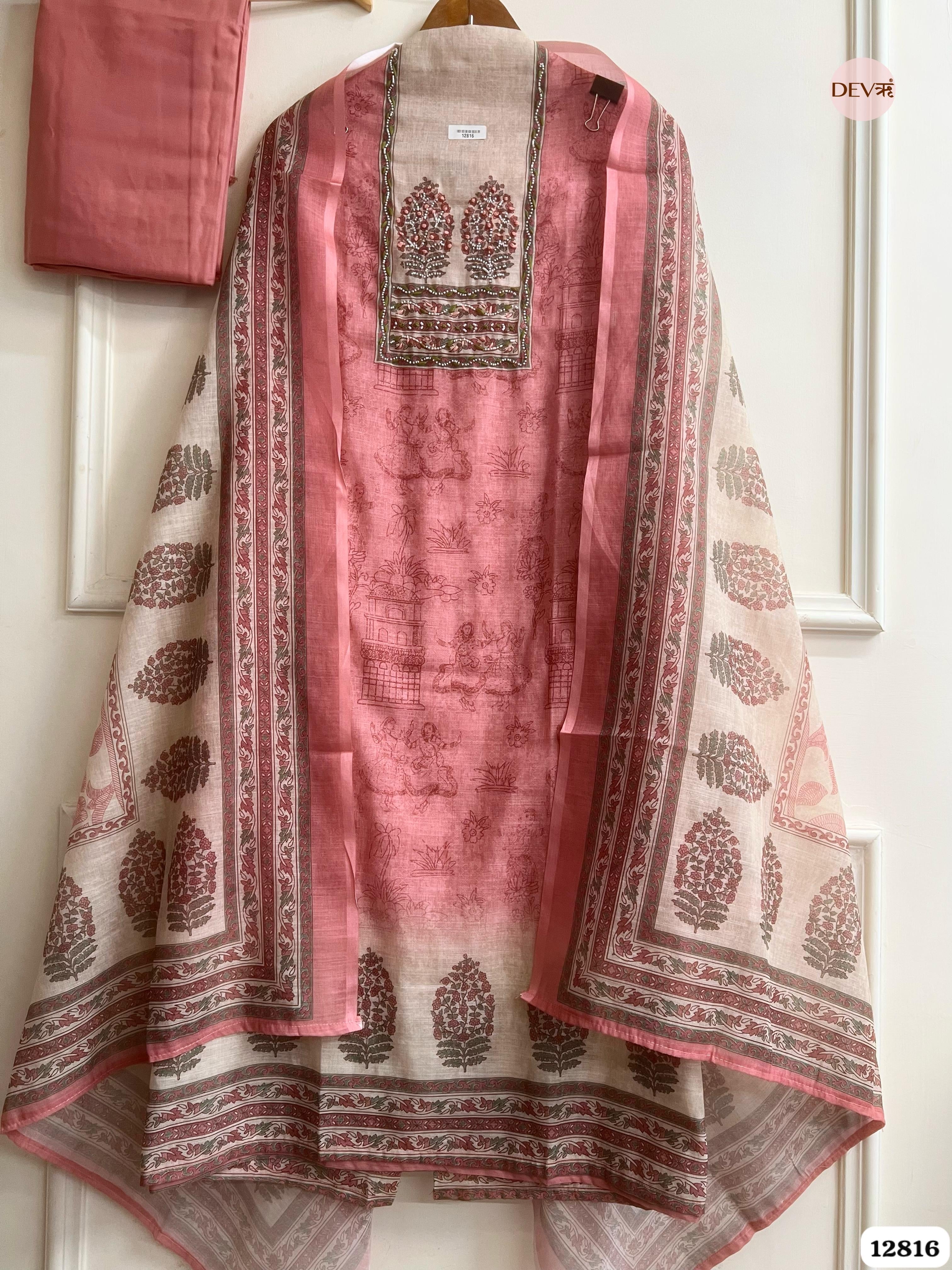 Pink Linen Cotton Printed Unstitched 3-Piece Suit (Devri – D.No 12816)
