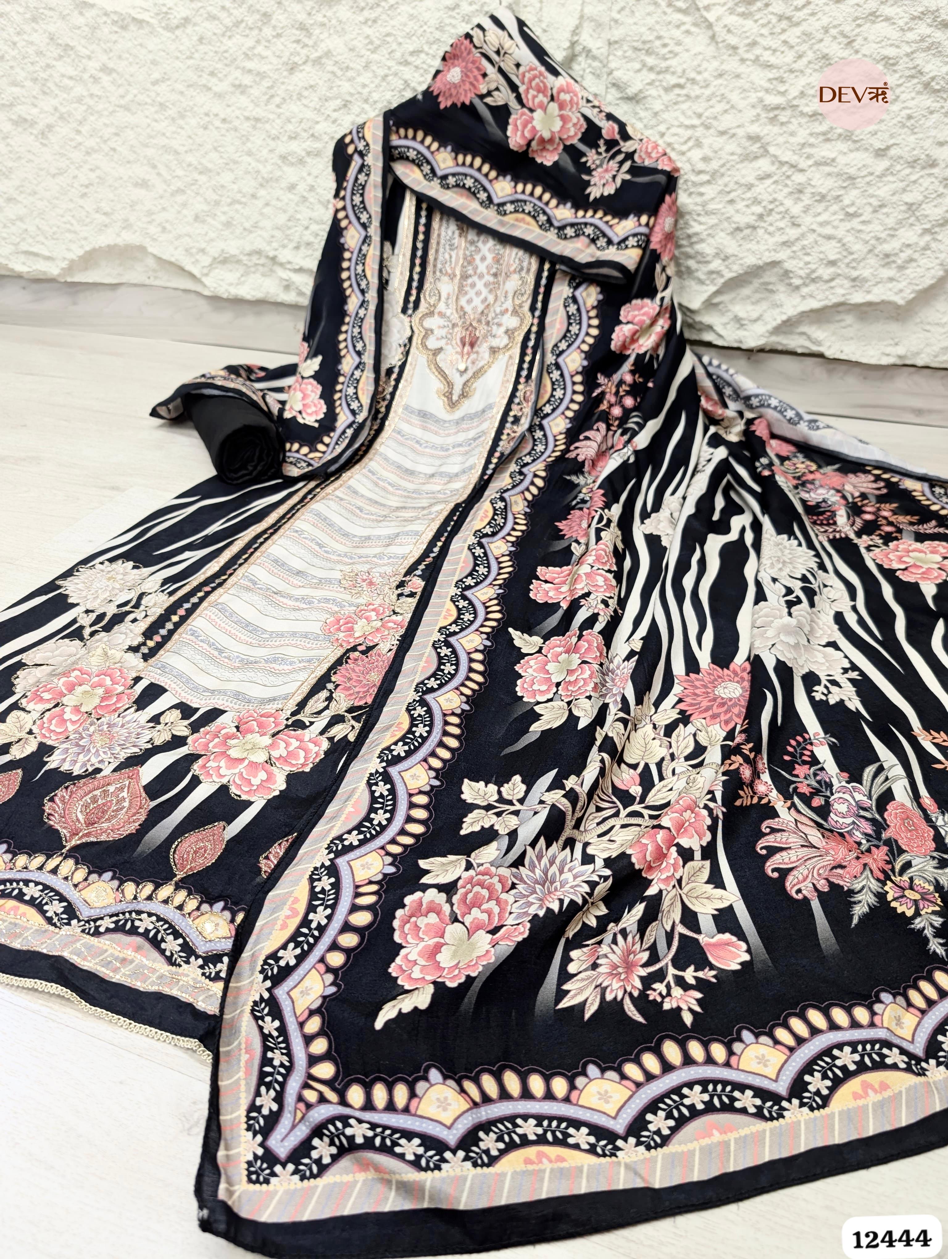 Black & Ivory Muslin Digital Printed Unstitched 3-Piece Suit (Devri – D.No 12444)