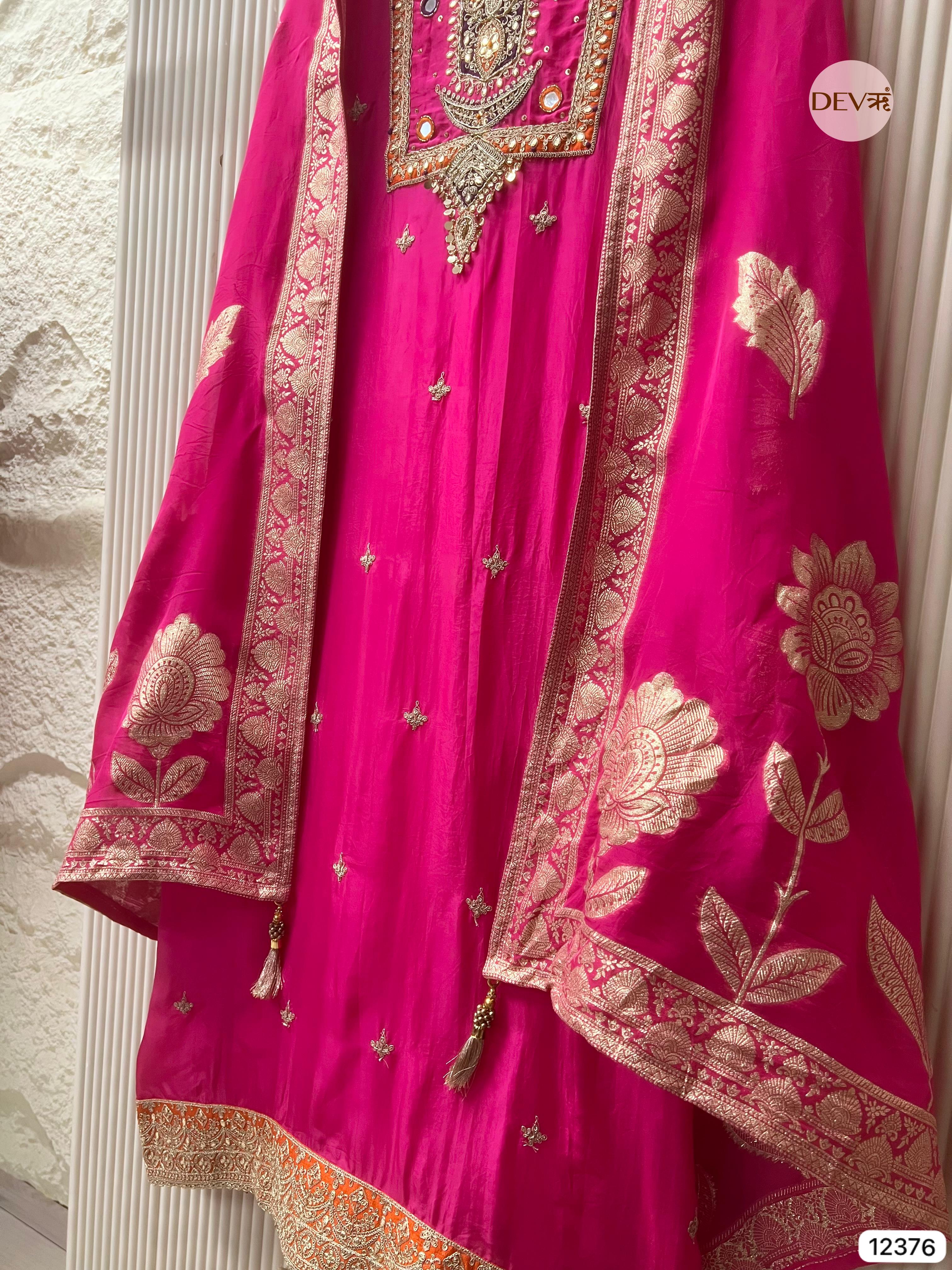 Rani Pink Organza Silk Embroidered Unstitched 3-Piece Suit (Devri – D.No 12376)