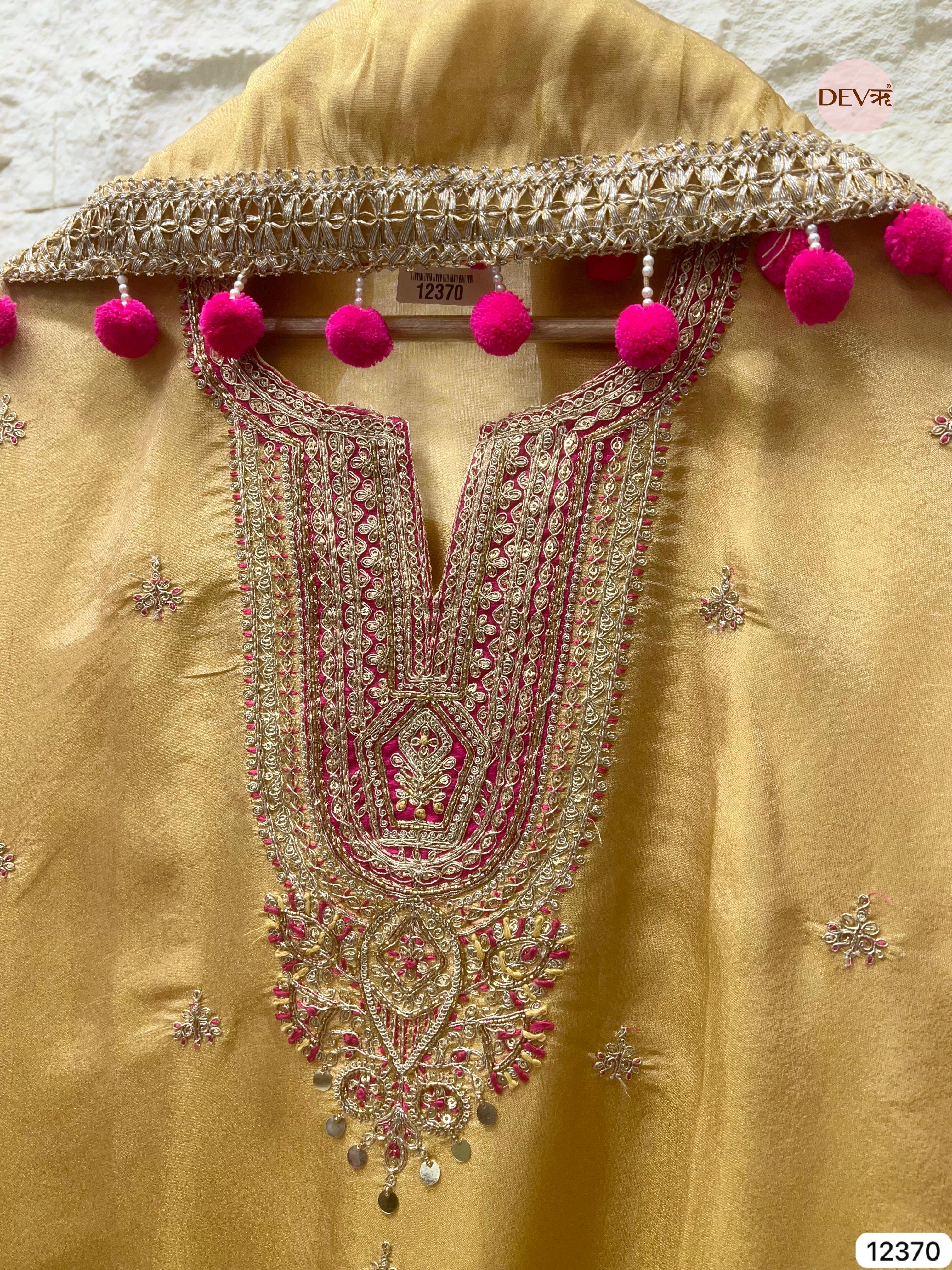 Golden Beige Shimmer Silk Embellished Unstitched 3-Piece Suit (Devri – D.No 12370)