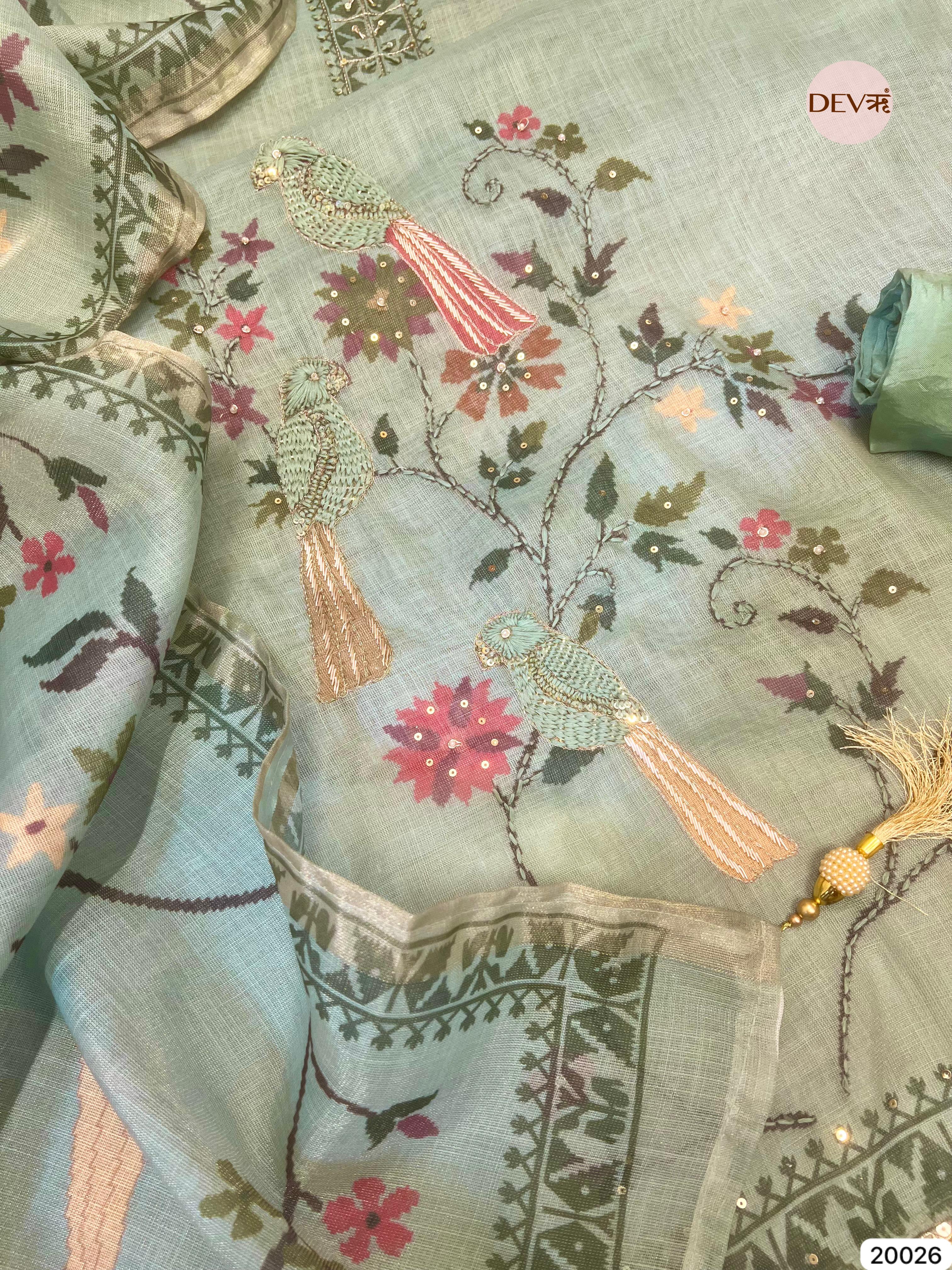 Sage Green Pure Linen Embroidered Unstitched 3-Piece Suit (Devri – D.No . 20026)