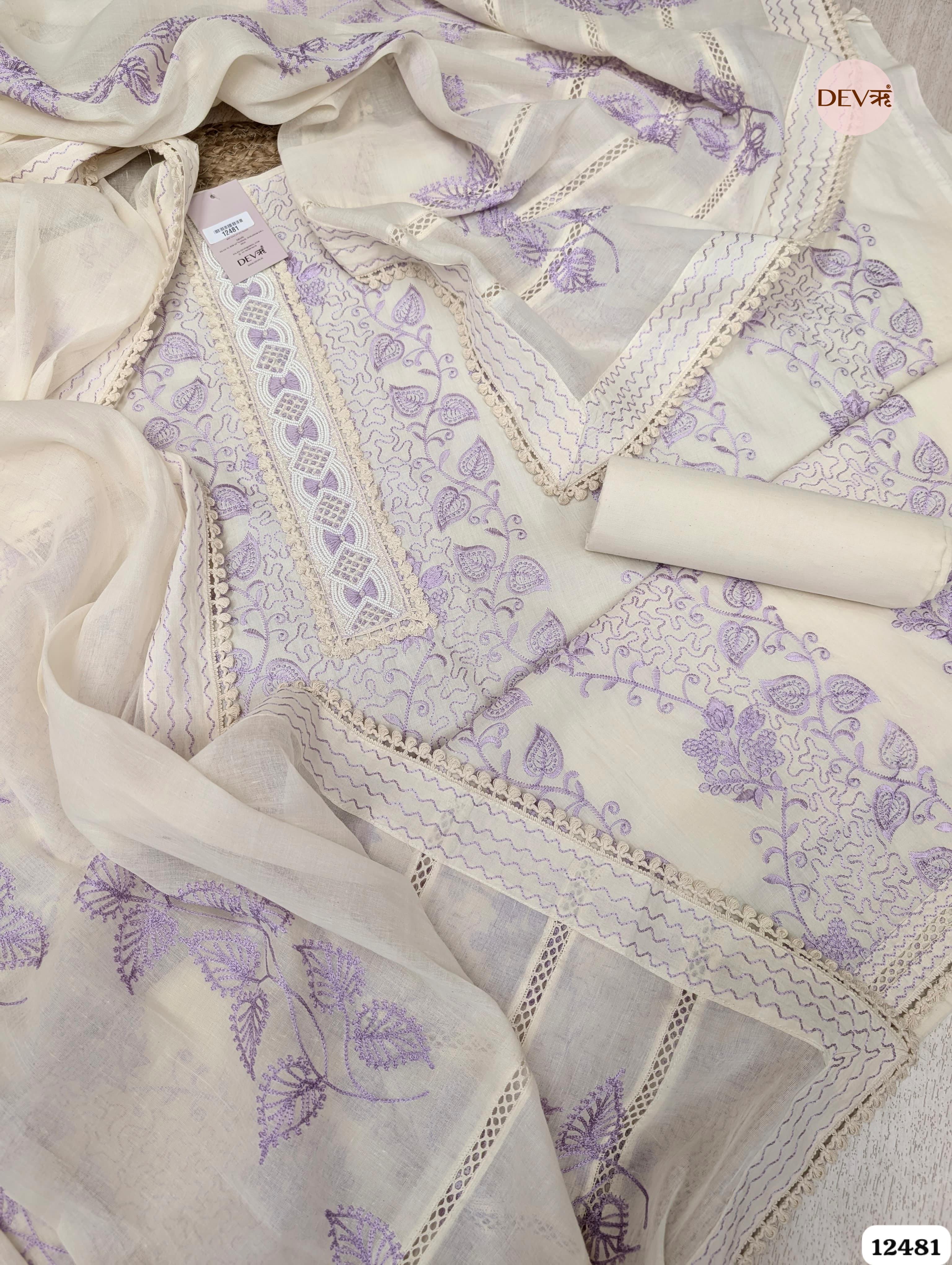 Lavender &; White Pure Cotton Embroidered Unstitched 3-Piece Suit (Devri – D.No 12481)
