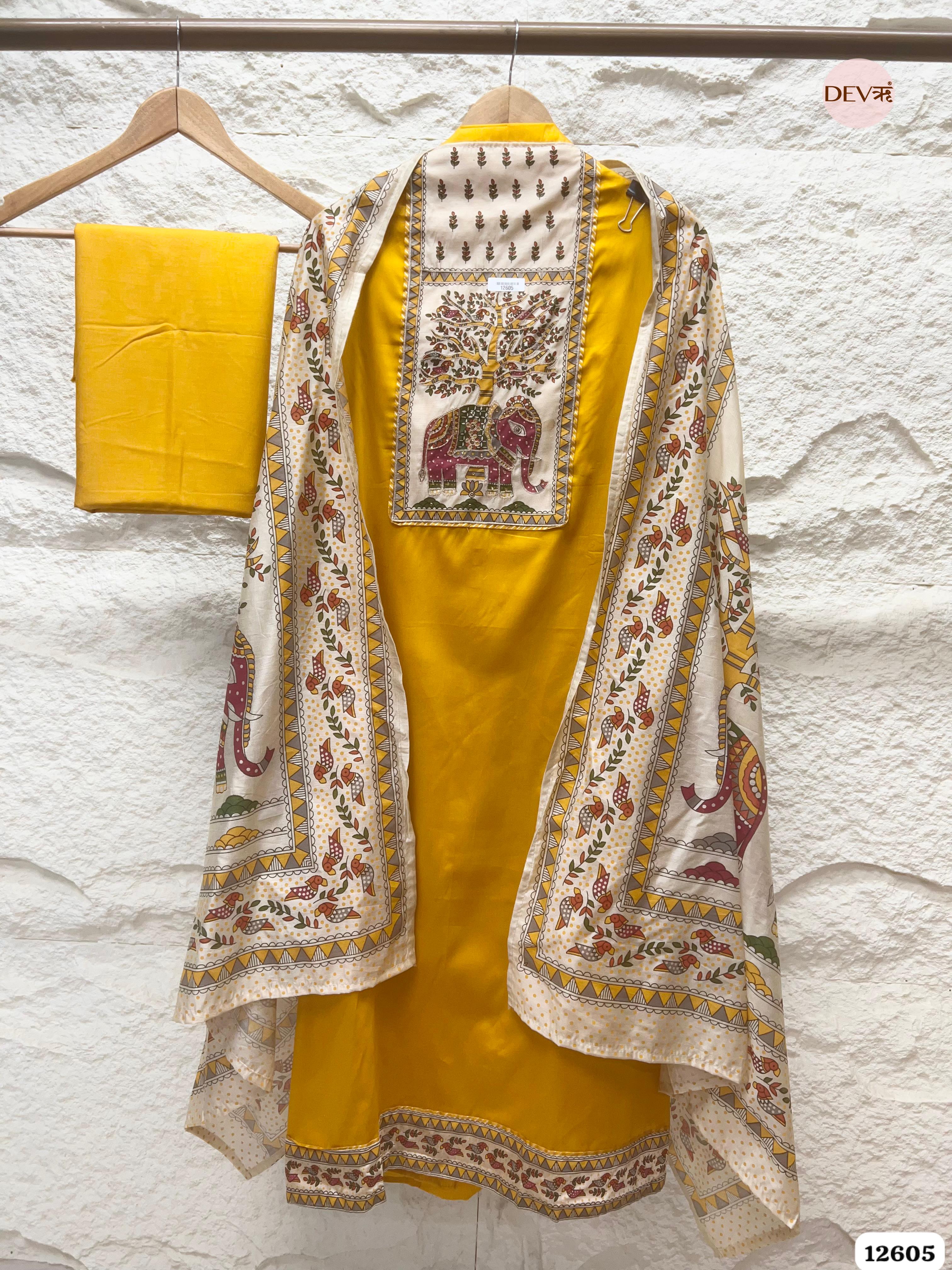 Mustard Yellow Cotton Embroidered Unstitched 3-Piece Suit (Devri – D.No. 12605)