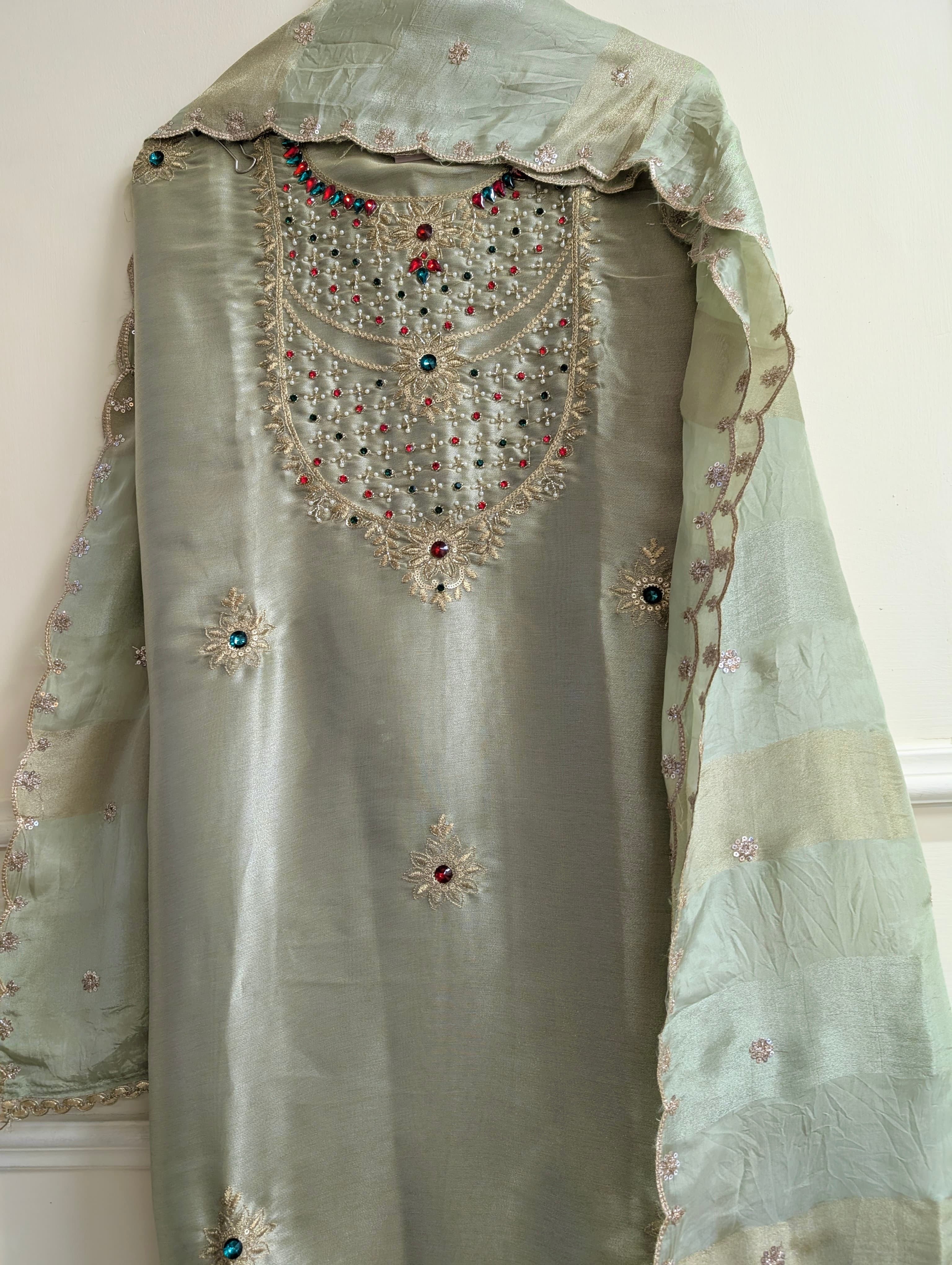 Sage Pure Tissue Giraffe Silk Embroidered Unstitched 3-Piece Suit (Devri – D.No 13809)