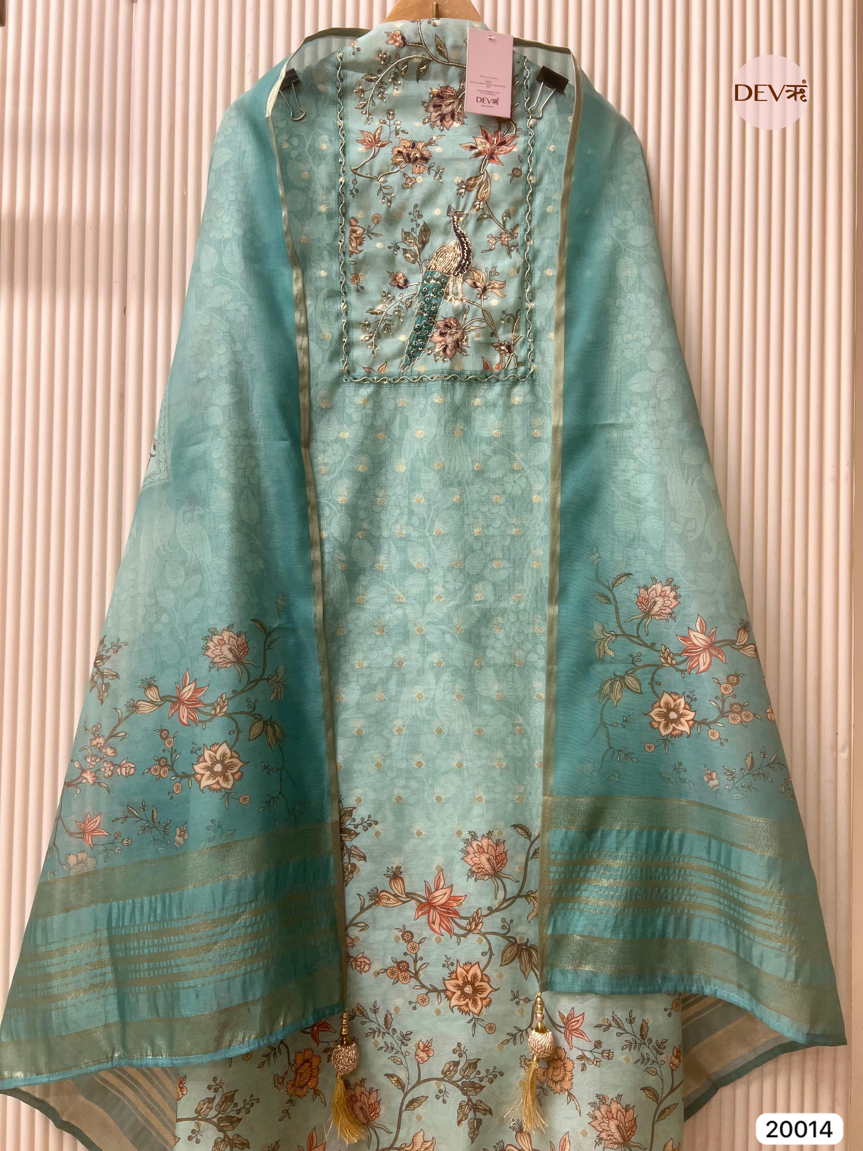 Sea Green Pure Chanderi Hand Embroidered Unstitched 3-Piece Suit (Devri – D.No 20014)