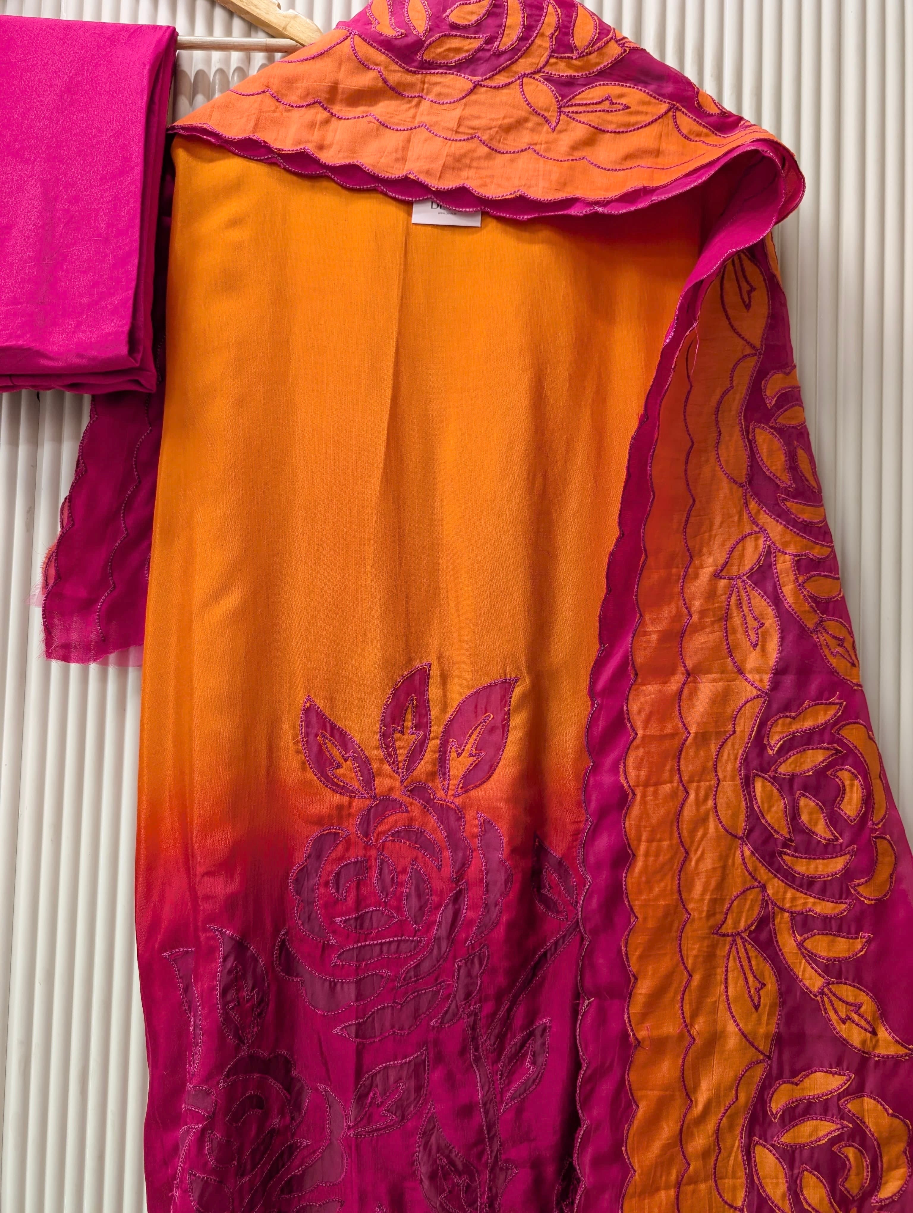 Orange Muslin Embroidered Unstitched 3-Piece Suit (Devri – D.No 13774)