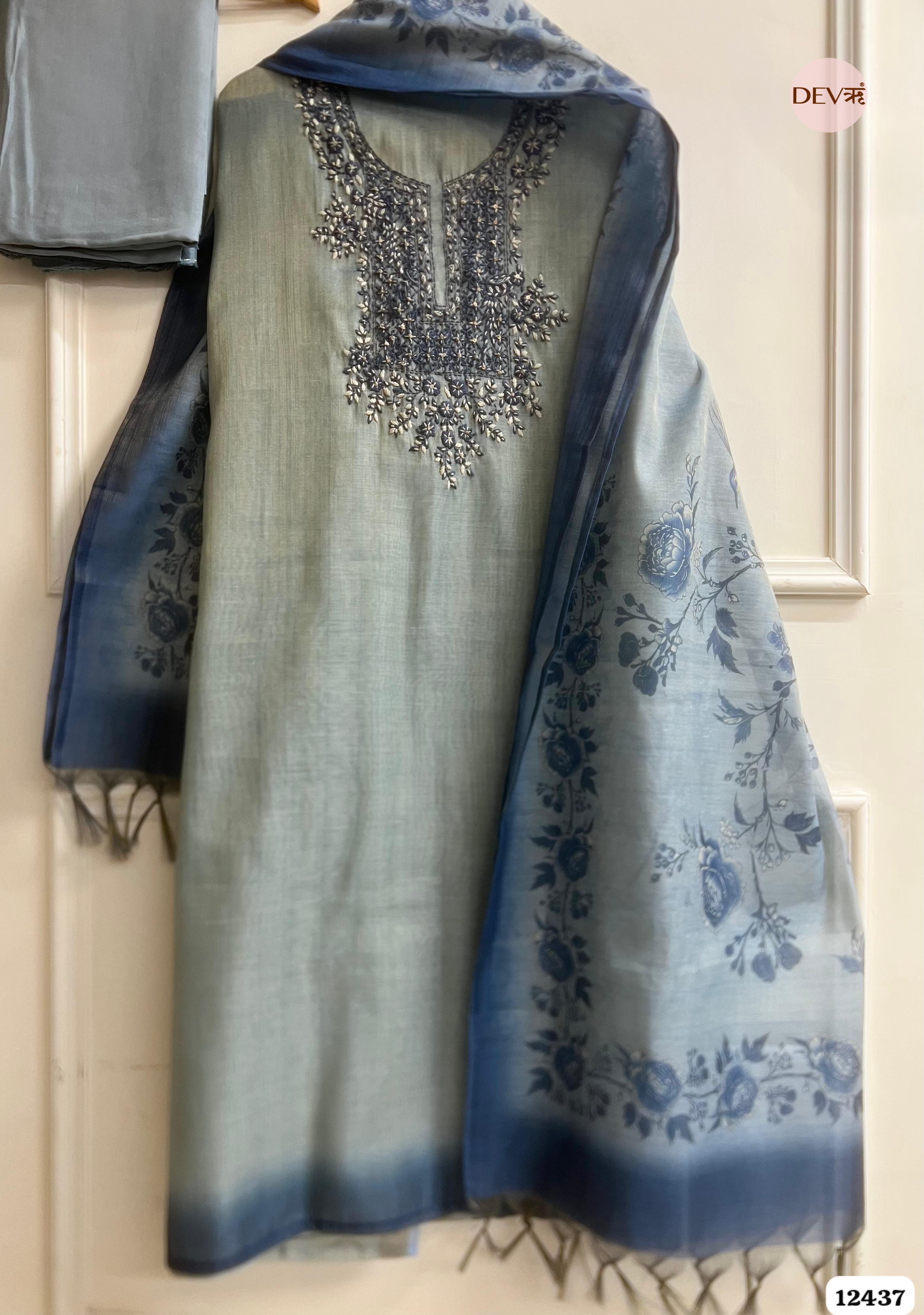 Powder Blue Pure Linen Tissue Embroidered Unstitched 3-Piece Suit (Devri – D.No . 12437)