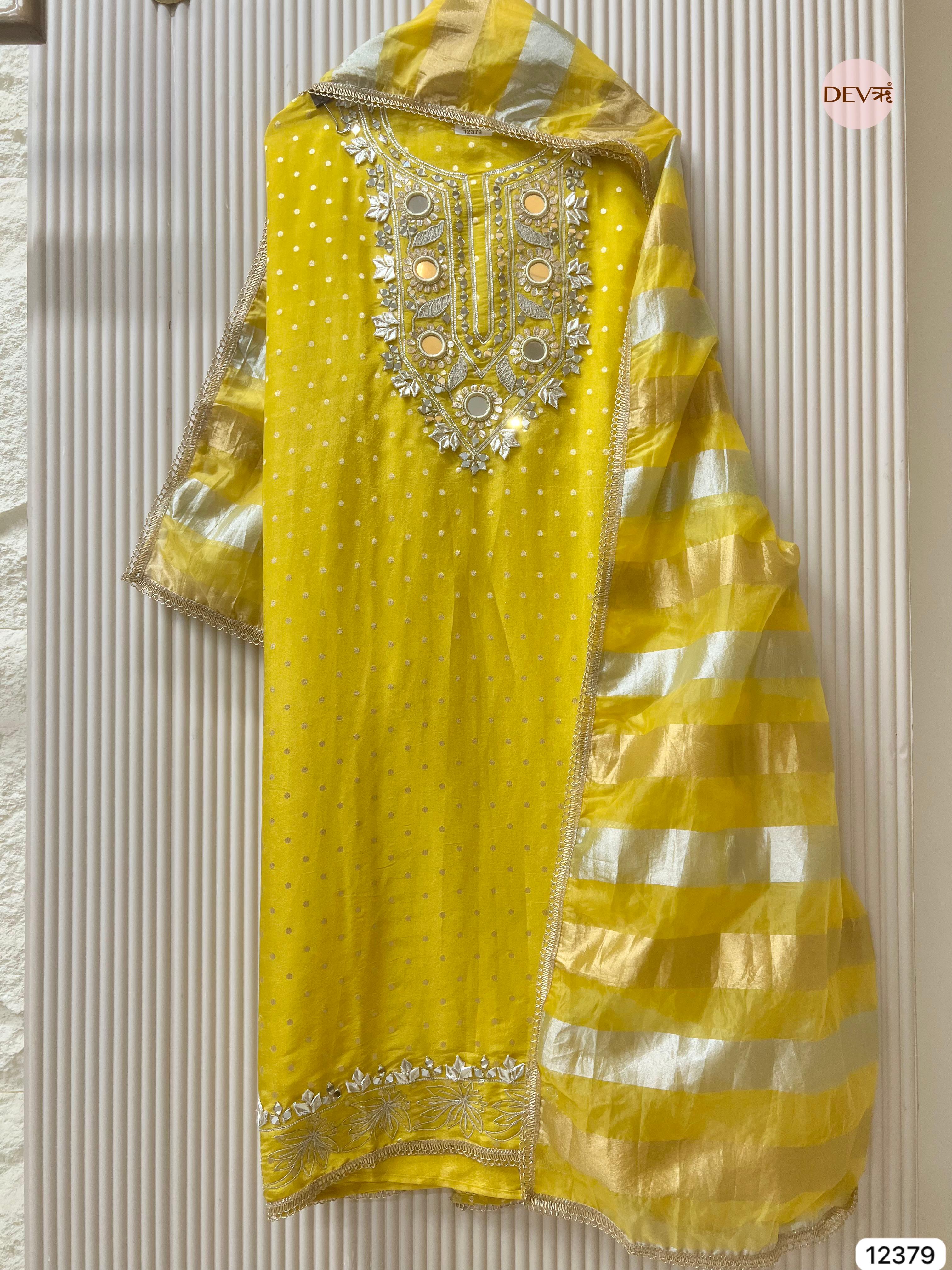 Sun Yellow Tissue Silk Embroidered Unstitched 3-Piece Suit (Devri – D.No 12379)