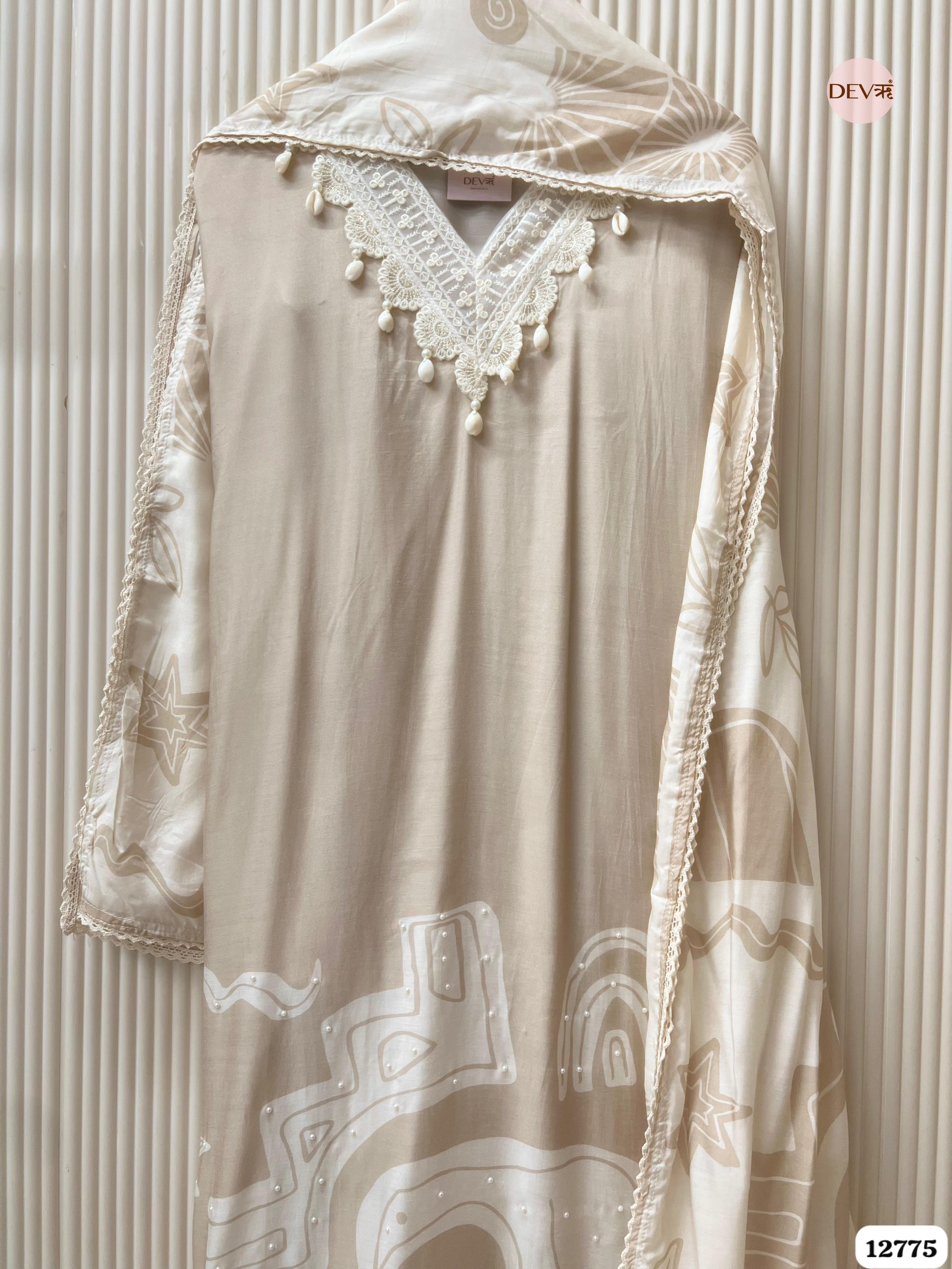 Beige Muslin Printed Unstitched 3-Piece Suit (Devri – D.No 12775)