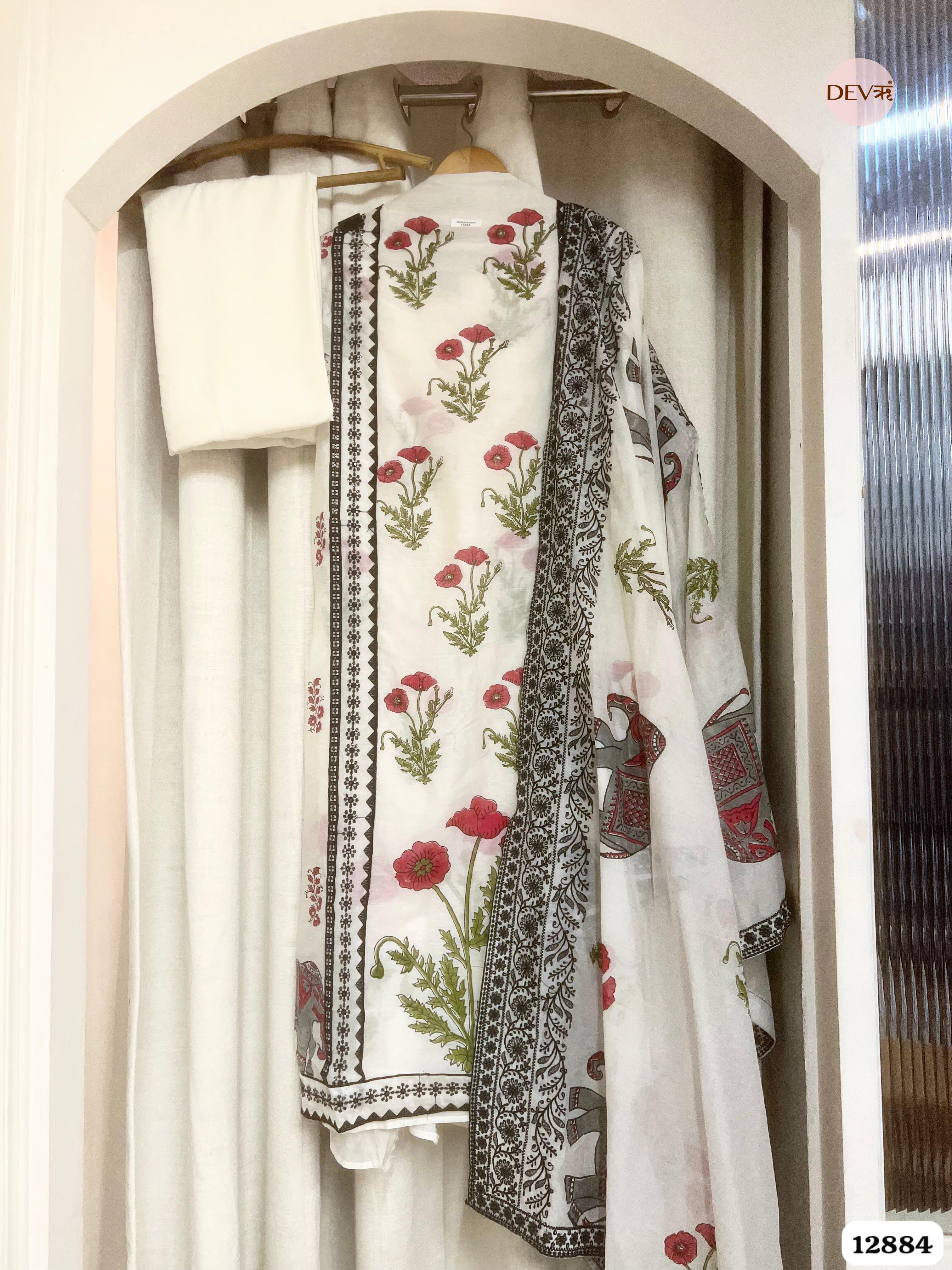 White Mul Chanderi Printed Unstitched 3-Piece Suit (Devri – D.No 12884)