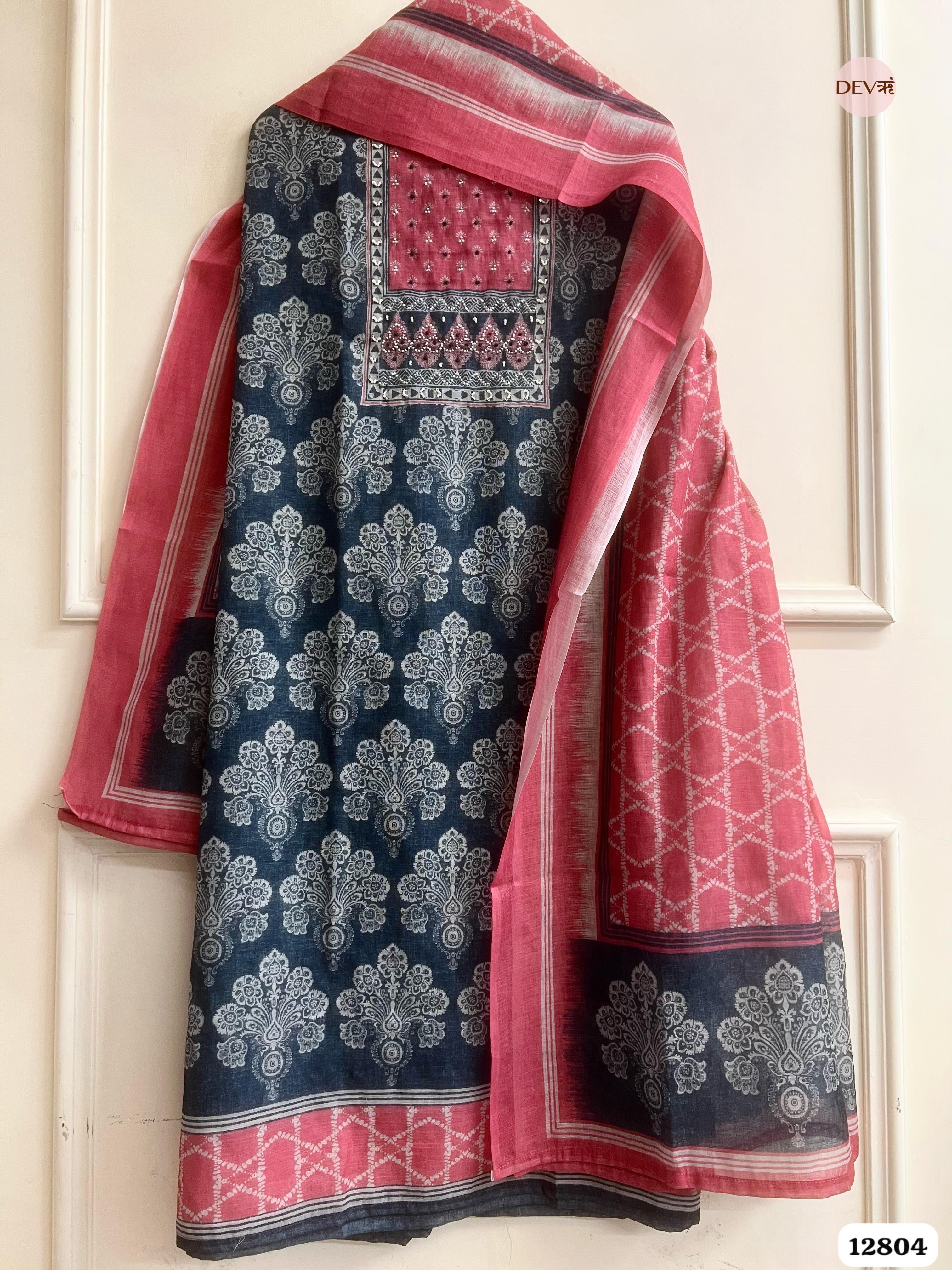 Navy Linen Cotton Printed Unstitched 3-Piece Suit (Devri – D.No 12804)