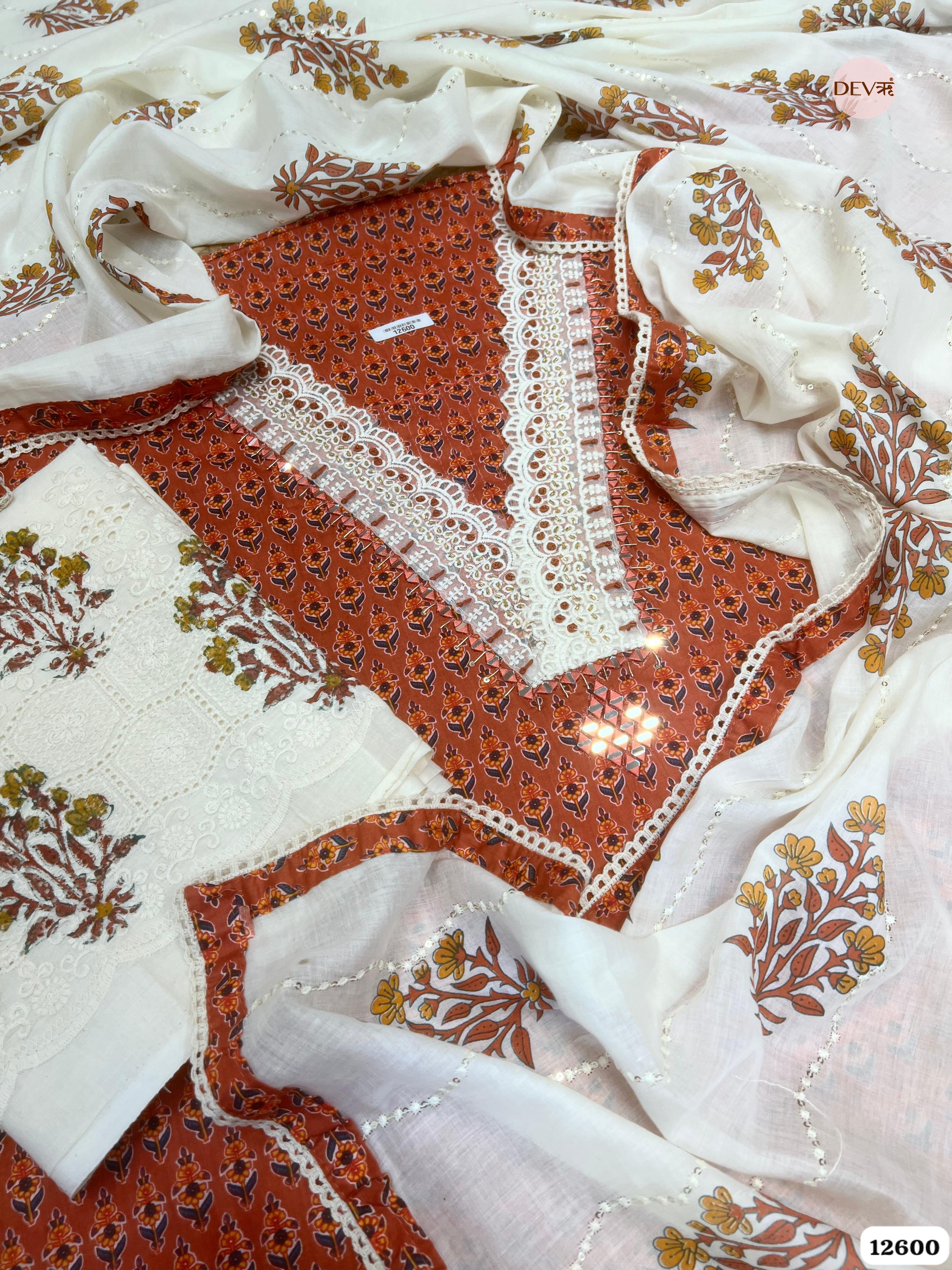 Rust Orange Cotton Printed Unstitched 3-Piece Suit (Devri – D.No 12600)