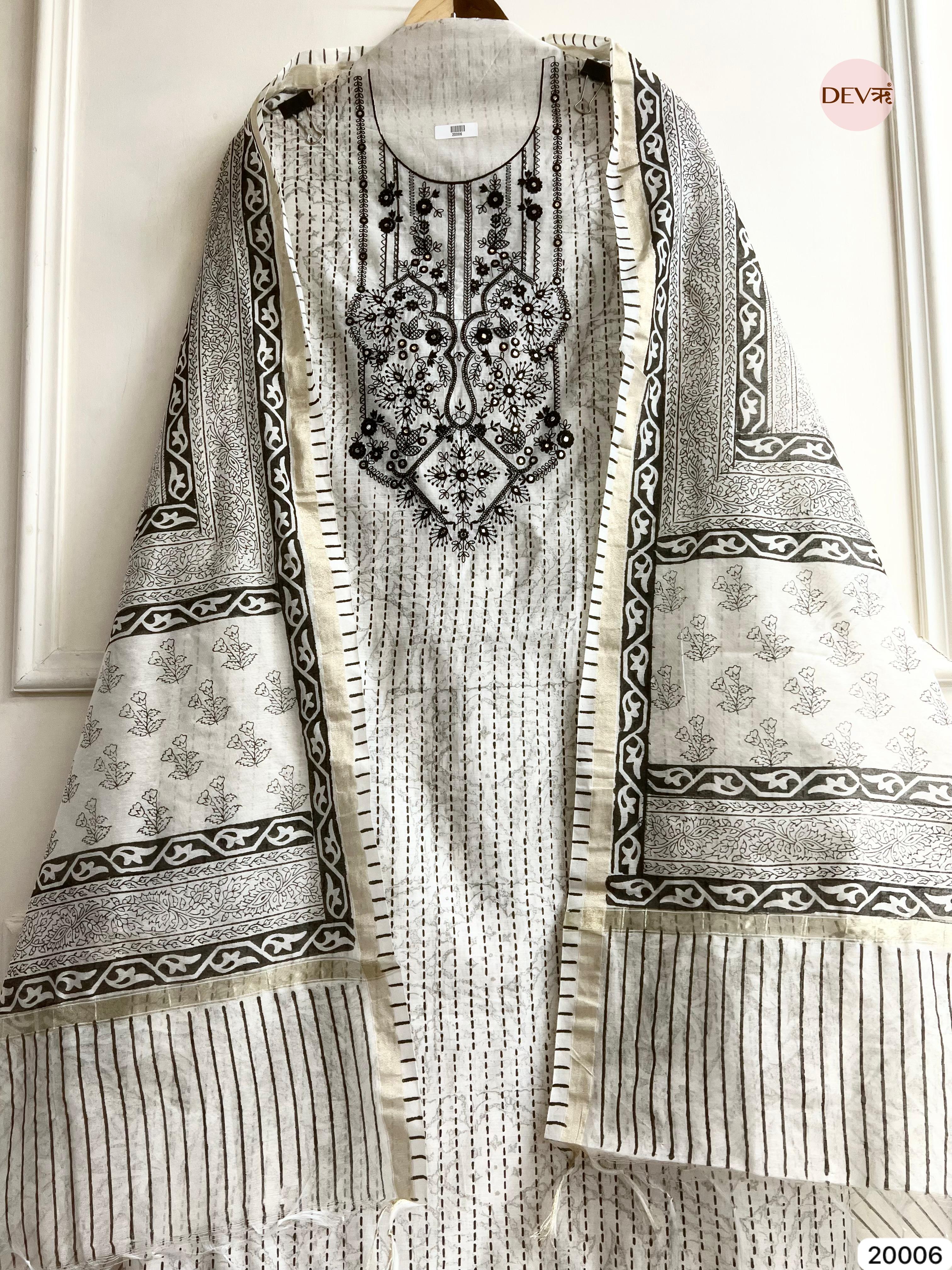 Black and White Pure Linen Cotton Embroidered Unstitched 3-Piece Suit (Devri – D.No 20006)