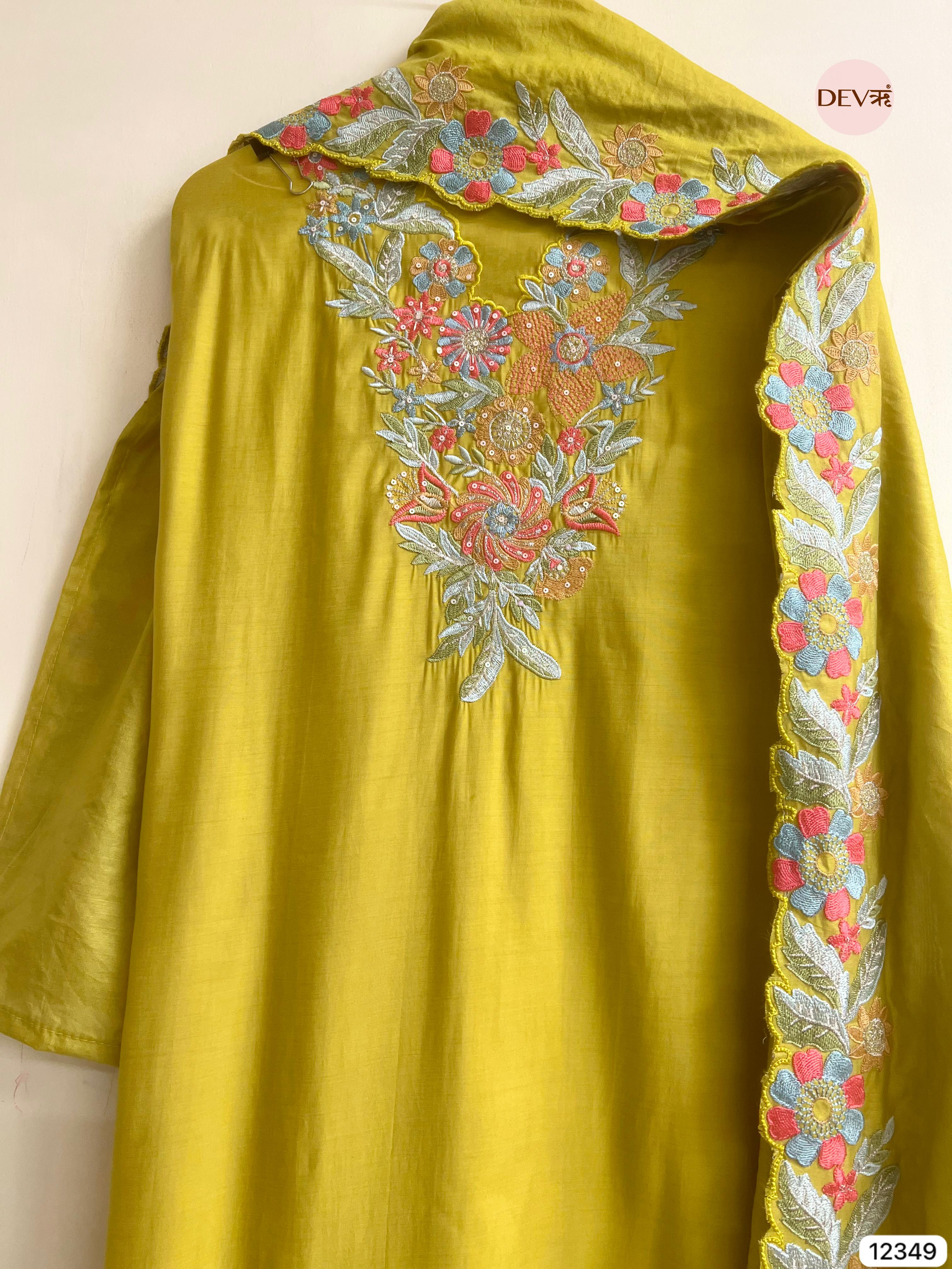 Olive Green Roman Silk Embroidered Unstitched 3-Piece Suit (Devri – D.No 12349)