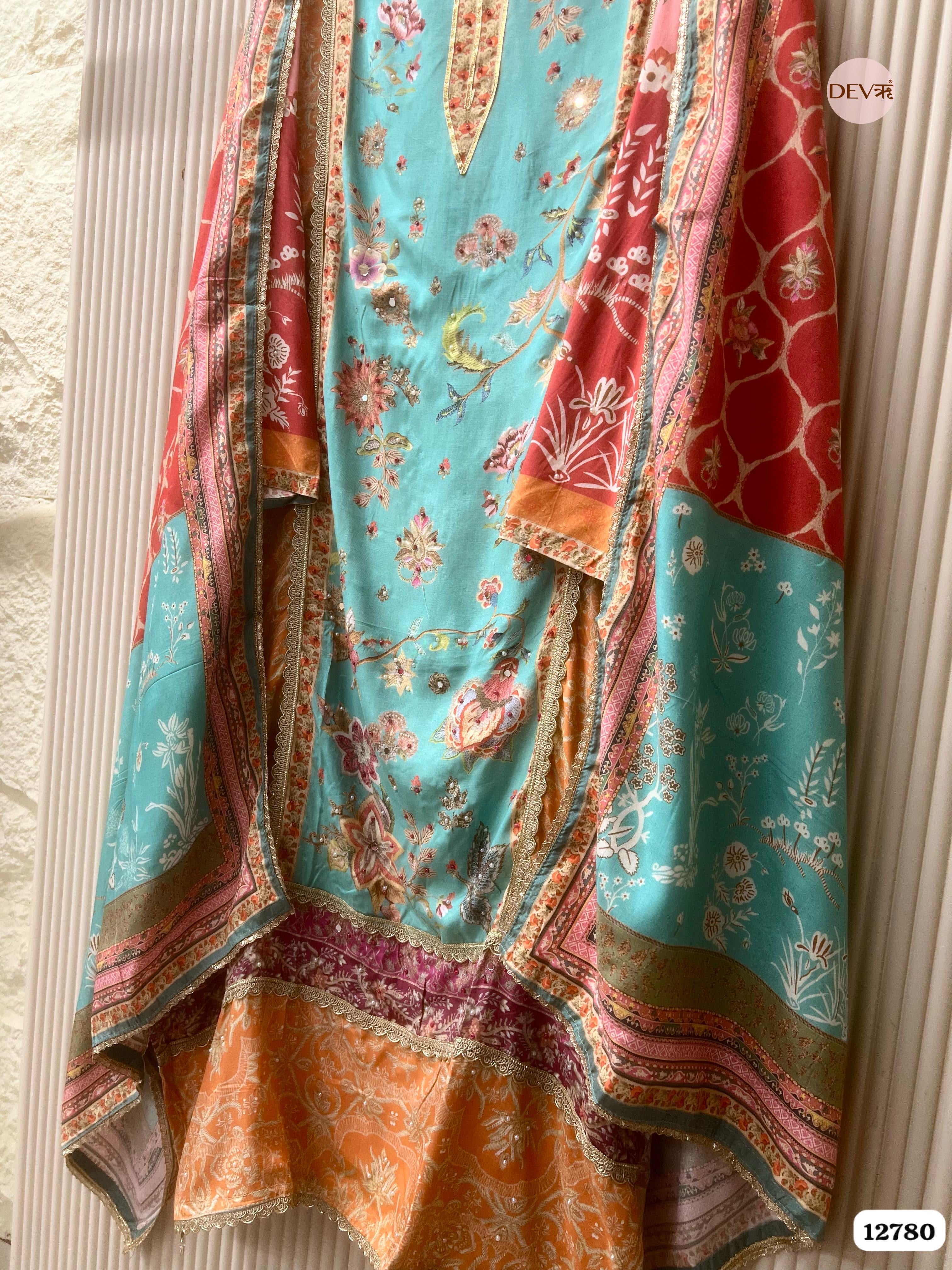Aqua Muslin Printed Unstitched 3-Piece Suit (Devri – D.No 12780)