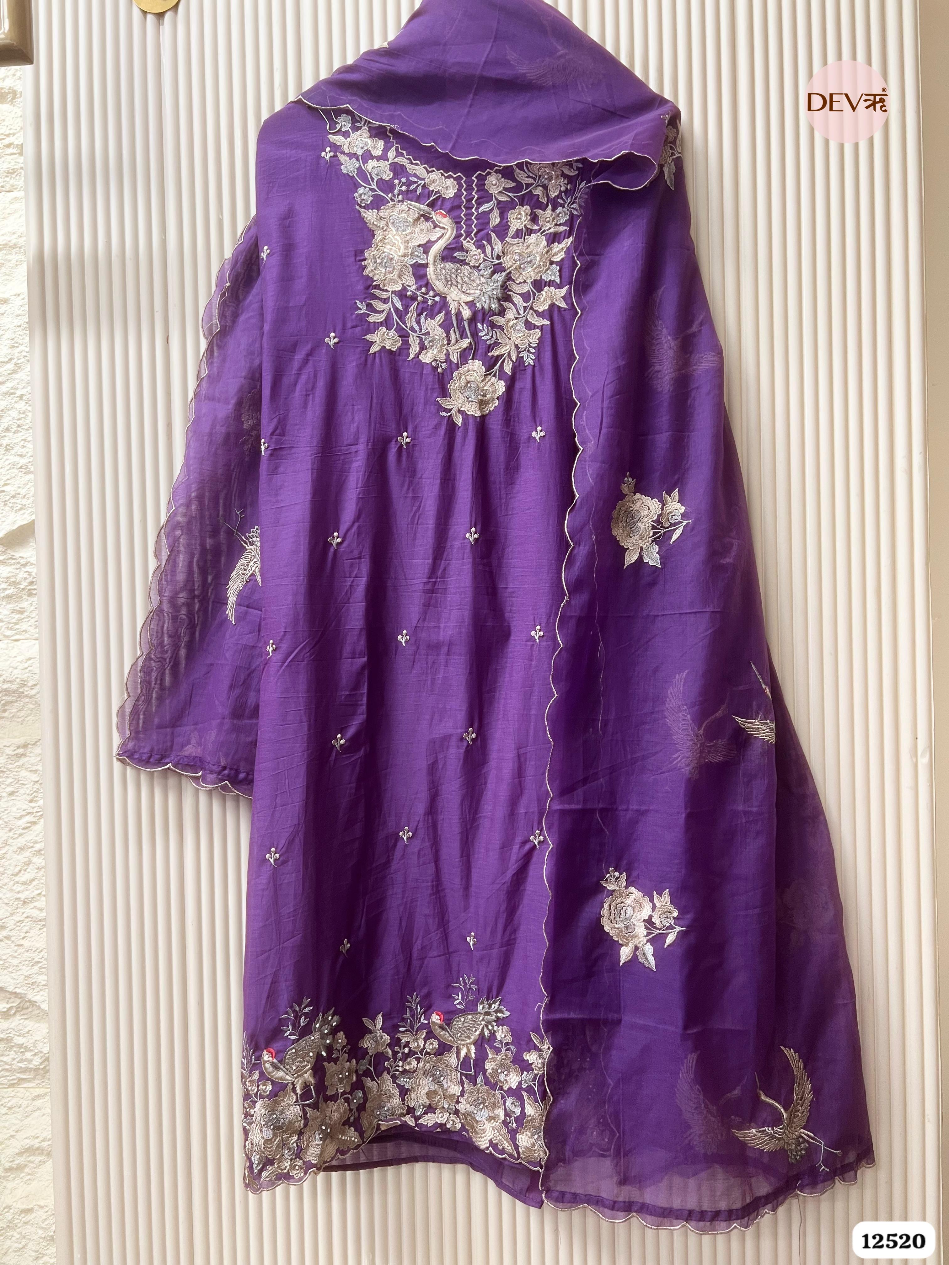 Royal Purple Pure Mul Chanderi Embroidered Unstitched 3-Piece Suit (Devri – D.No . 12520)